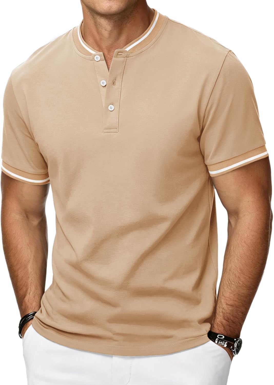 Thumbnail 5 de HMIYA Herren Henley Polo Kurzarm – atmungsaktives Baumwoll-Elasthan-T-Shirt mit Kontrastkante
