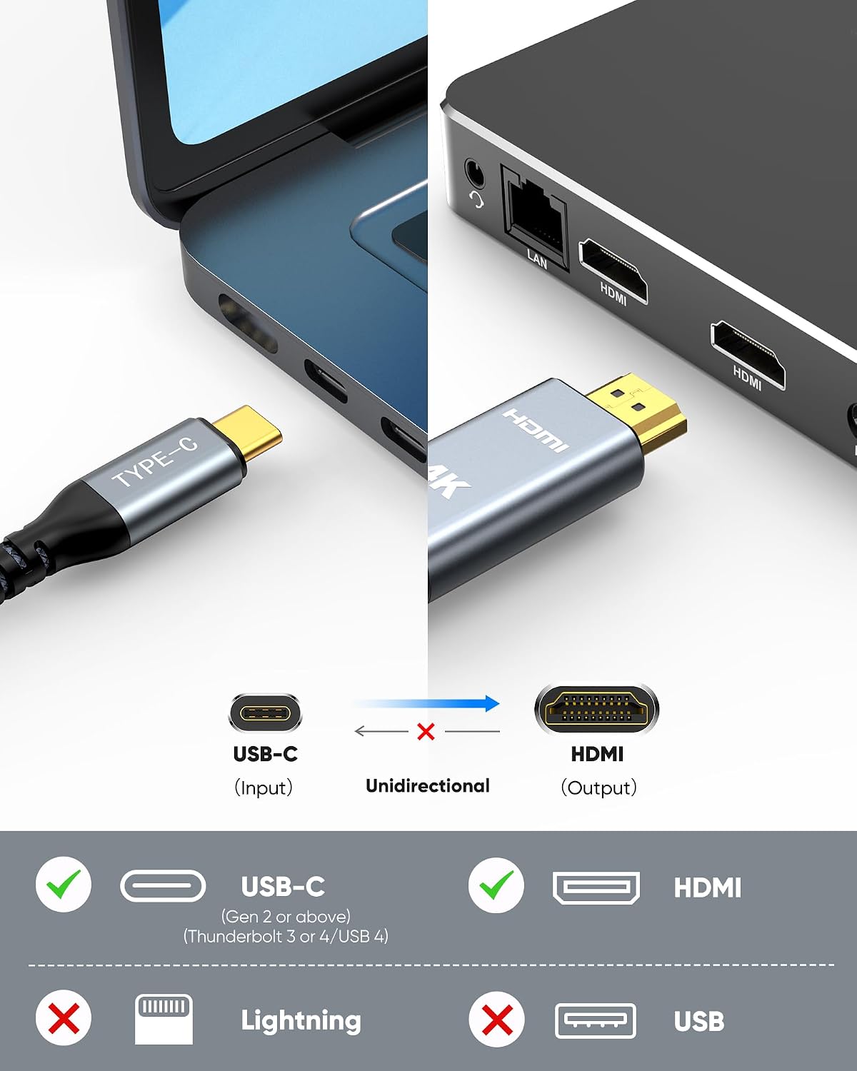 Detalle de Highwings USB-C to HDMI Cable (4.5m) for 4K@60Hz, Thunderbolt 3/4 to HDMI