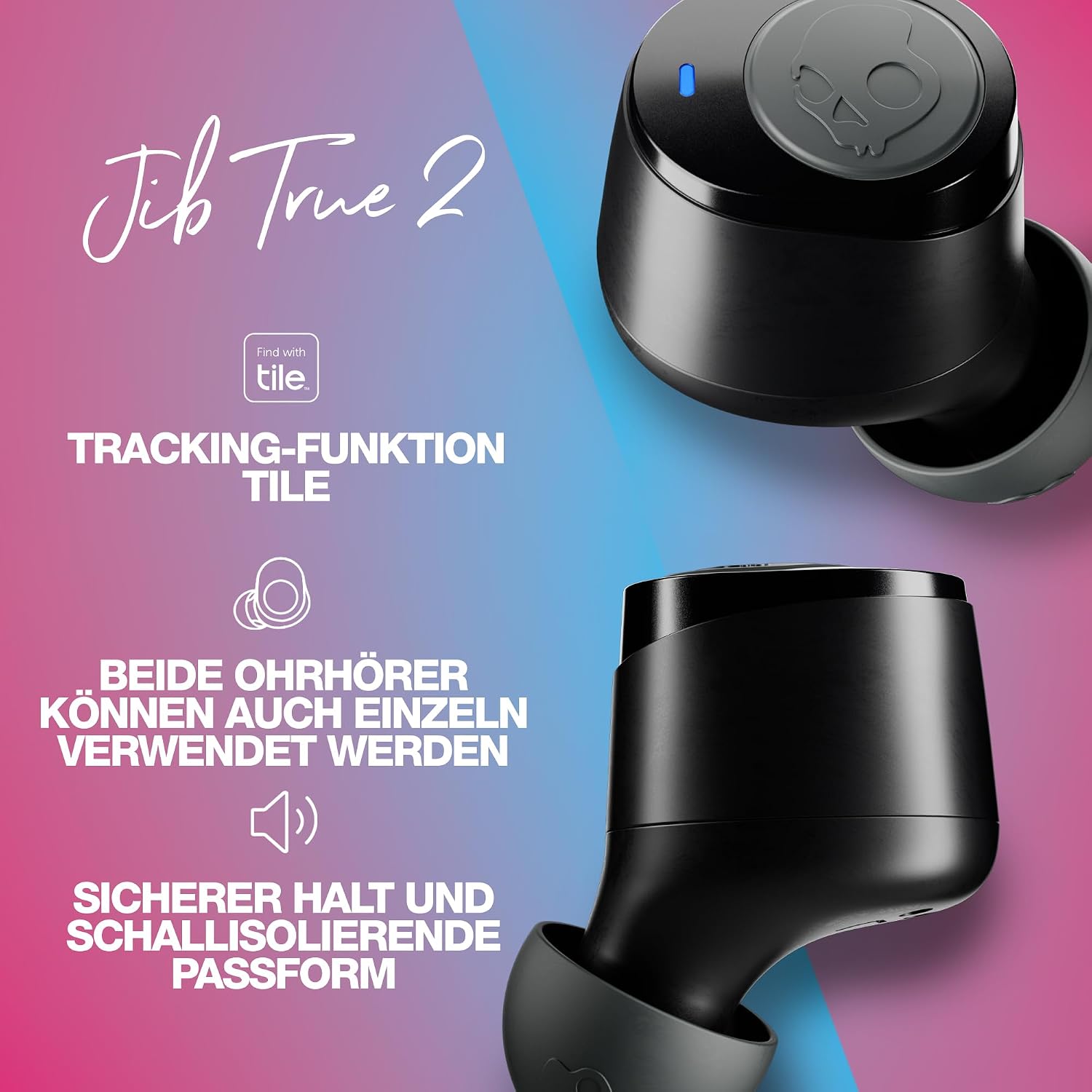 Detalle de Skullcandy Jib True 2 Kabelloser In-Ear Kopfhörer – 32 Std. Akku, IPX4, Tile-Finder, Solo-Modus
