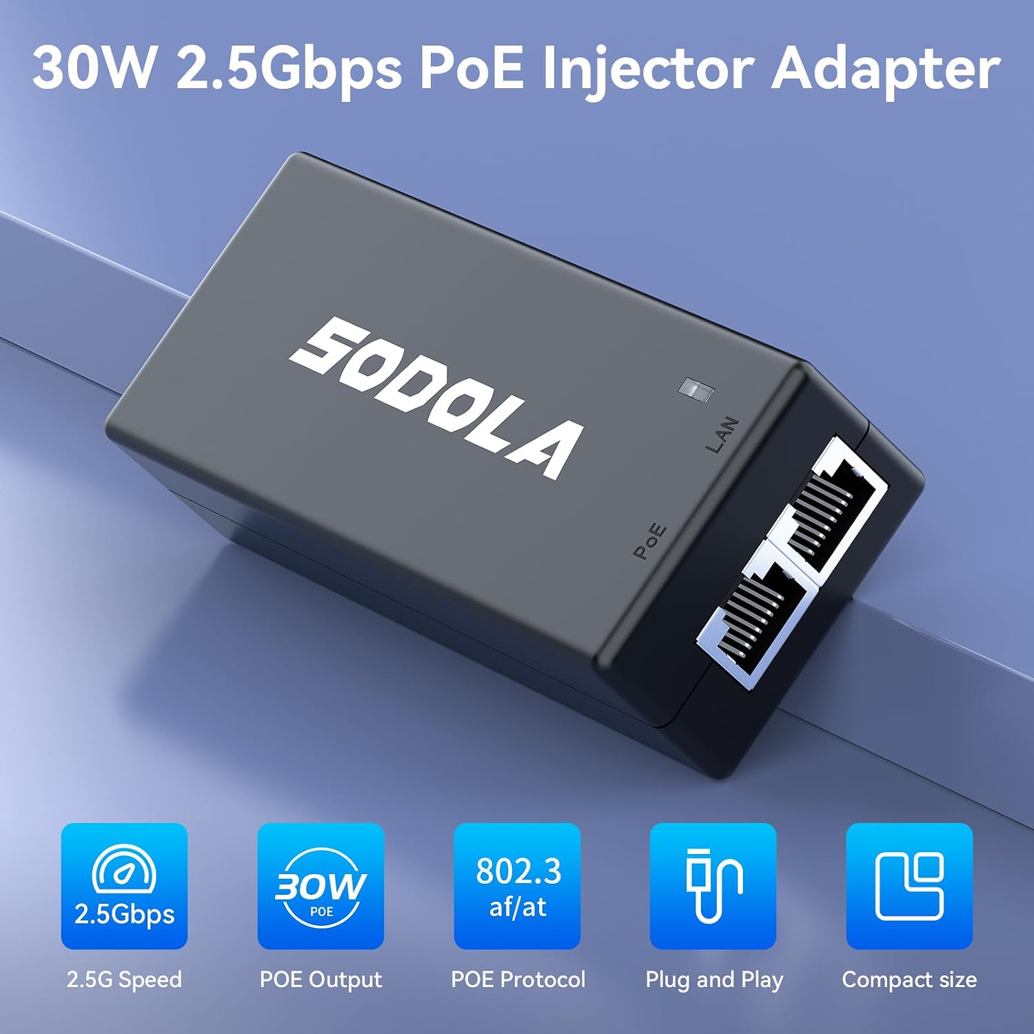 Thumbnail 1 de Sodola 2.5G PoE Injector (IEEE 802.3af/at): Non-PoE to PoE, 30W, 2.5G, Plug & Play