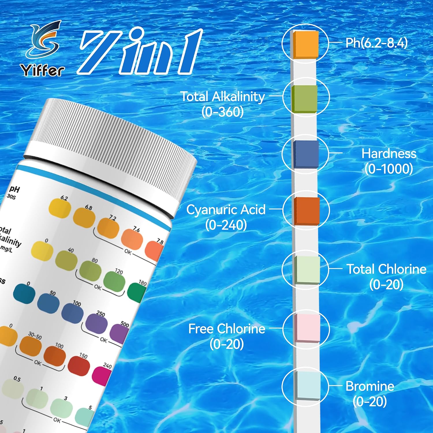 Detalle de Yiffer 175-Count 7-Way Pool Test Strips for Pools, Hot Tubs and Spas