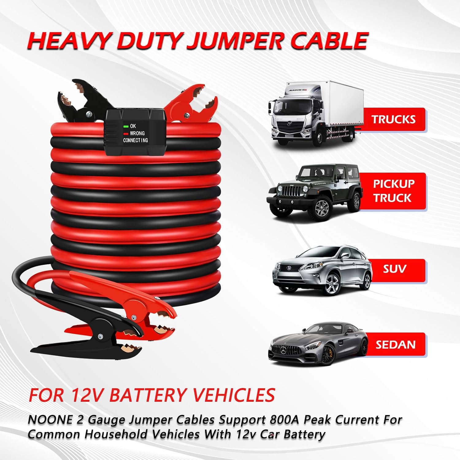 Thumbnail 5 de NOONE 2 Gauge 20FT Heavy-Duty Jumper Cables (800A) with Reverse Polarity Protection for SUVs & Trucks