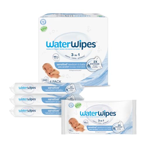 Detalle de WaterWipes Sensitive+ Newborn & Baby Wipes, 240 Count (4 Packs) - 99.9% Water, Unscented, Hypoallergenic