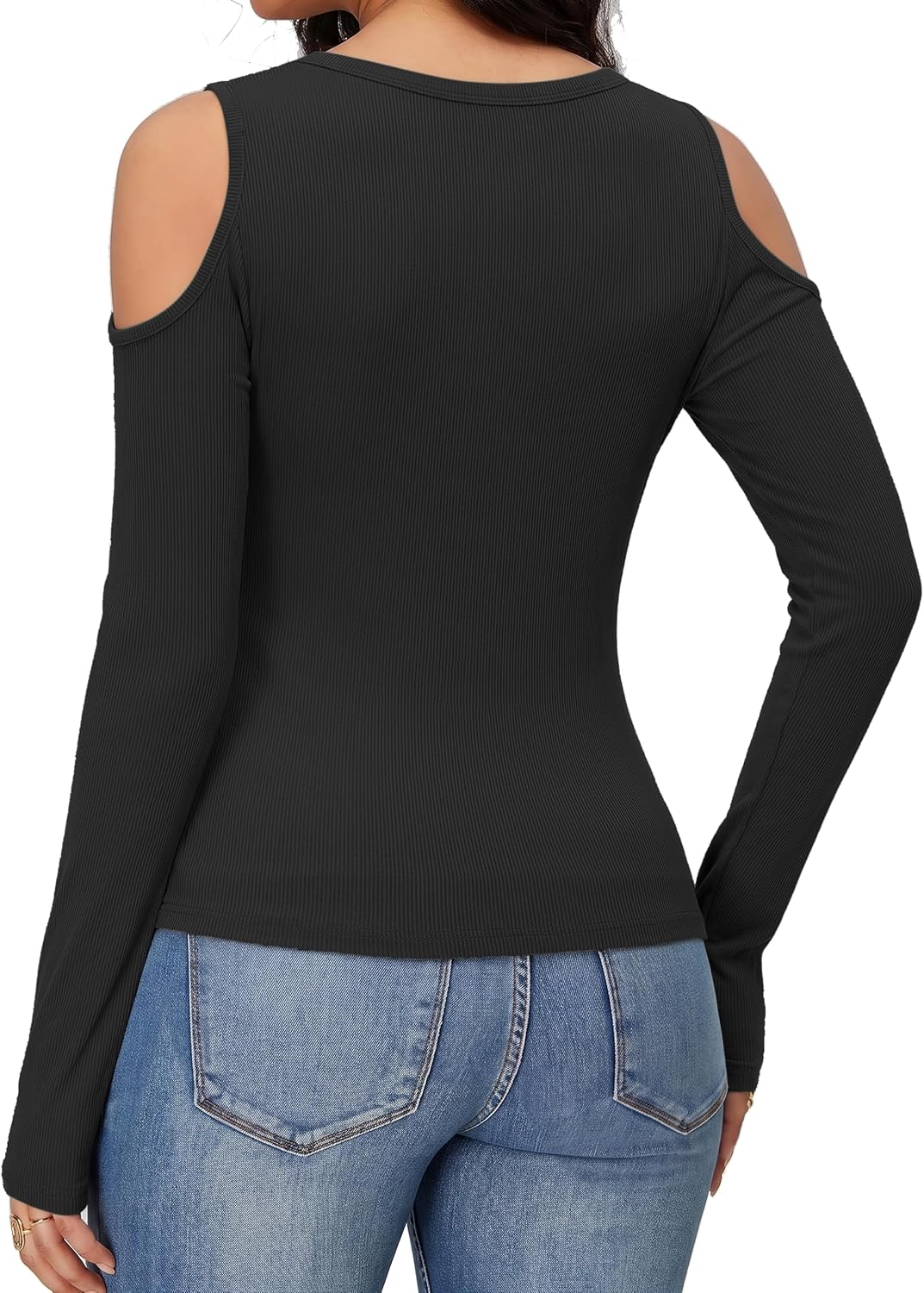 Detalle 1 de ELARAISE Women's Cold-Shoulder Top, Long-Sleeve V-Neck Ribbed Knit with Waist Ruching