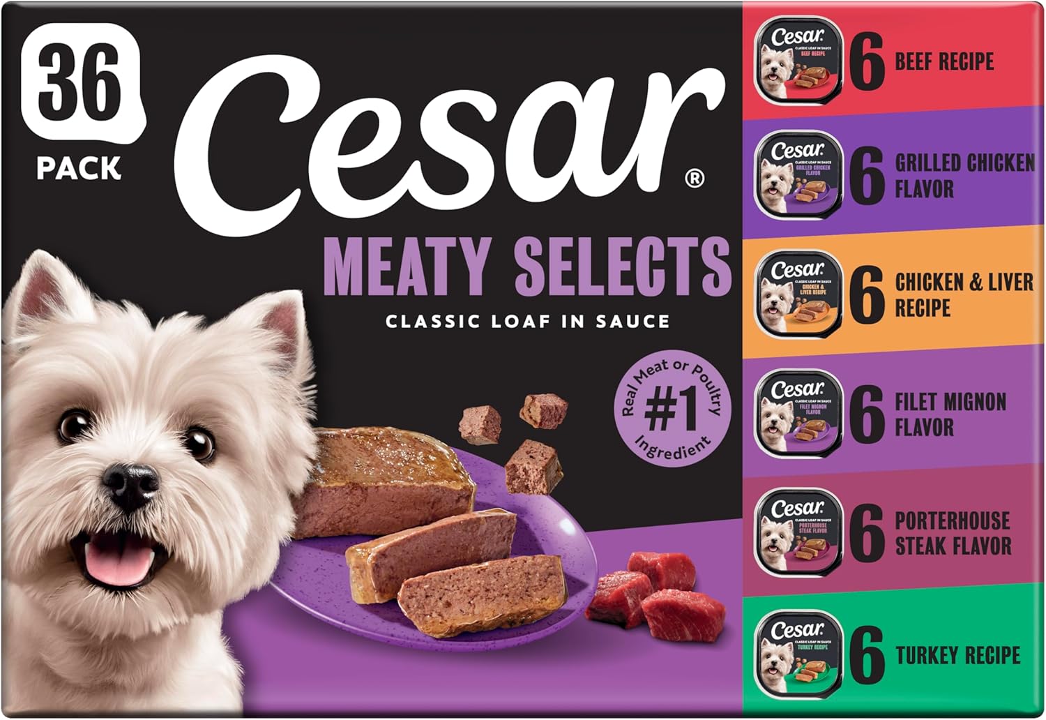 Detalle de Cesar Classic Loaf in Sauce Wet Dog Food, Meaty Selects — 3.5 oz, 36 Count
