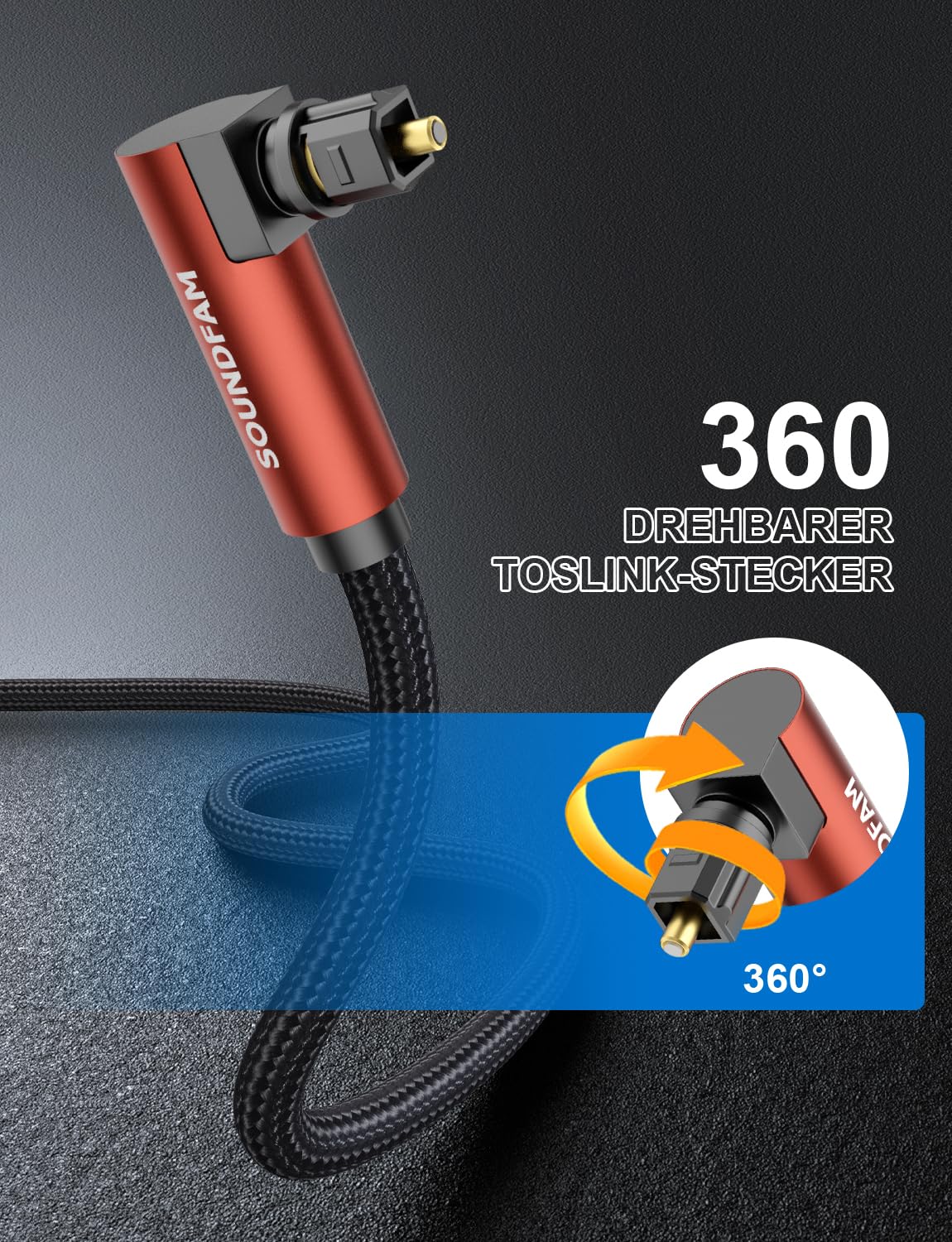 Thumbnail 2 de SOUNDFAM 90° Optisches Audiokabel 3 m (Rot) – Toslink Digital mit Winkelstecker für Soundbar & TV
