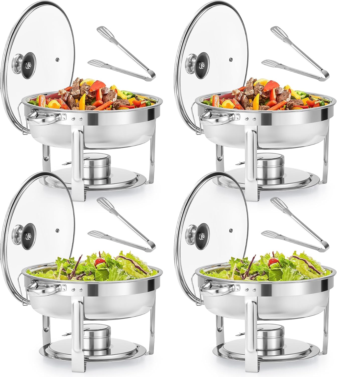 WILPREP Chafing Dish Buffet Set, 4 Pack 5.5L Round Chafers with Glass Lid & Lid Holder – Stainless Steel Food Warmers