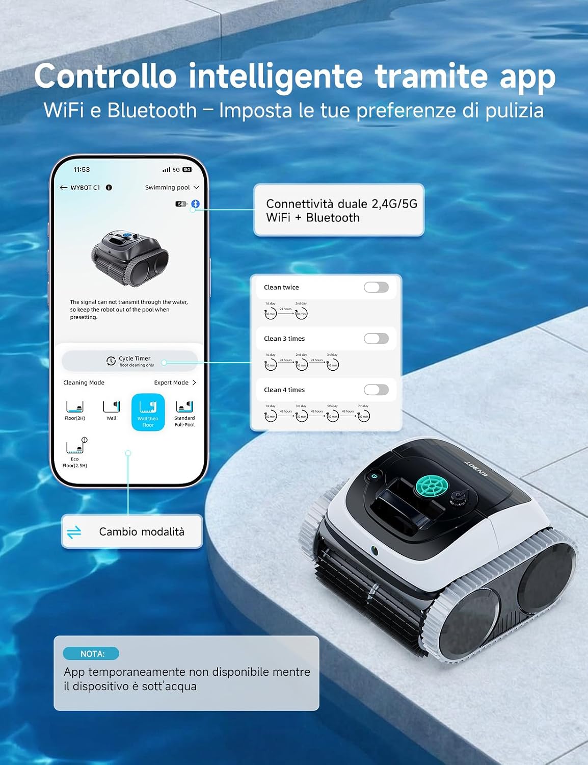 Thumbnail 5 de WYBOT C1-P: Robot Piscina Senza Fili 4-in-1 per Pareti e Fondo, NAV + App