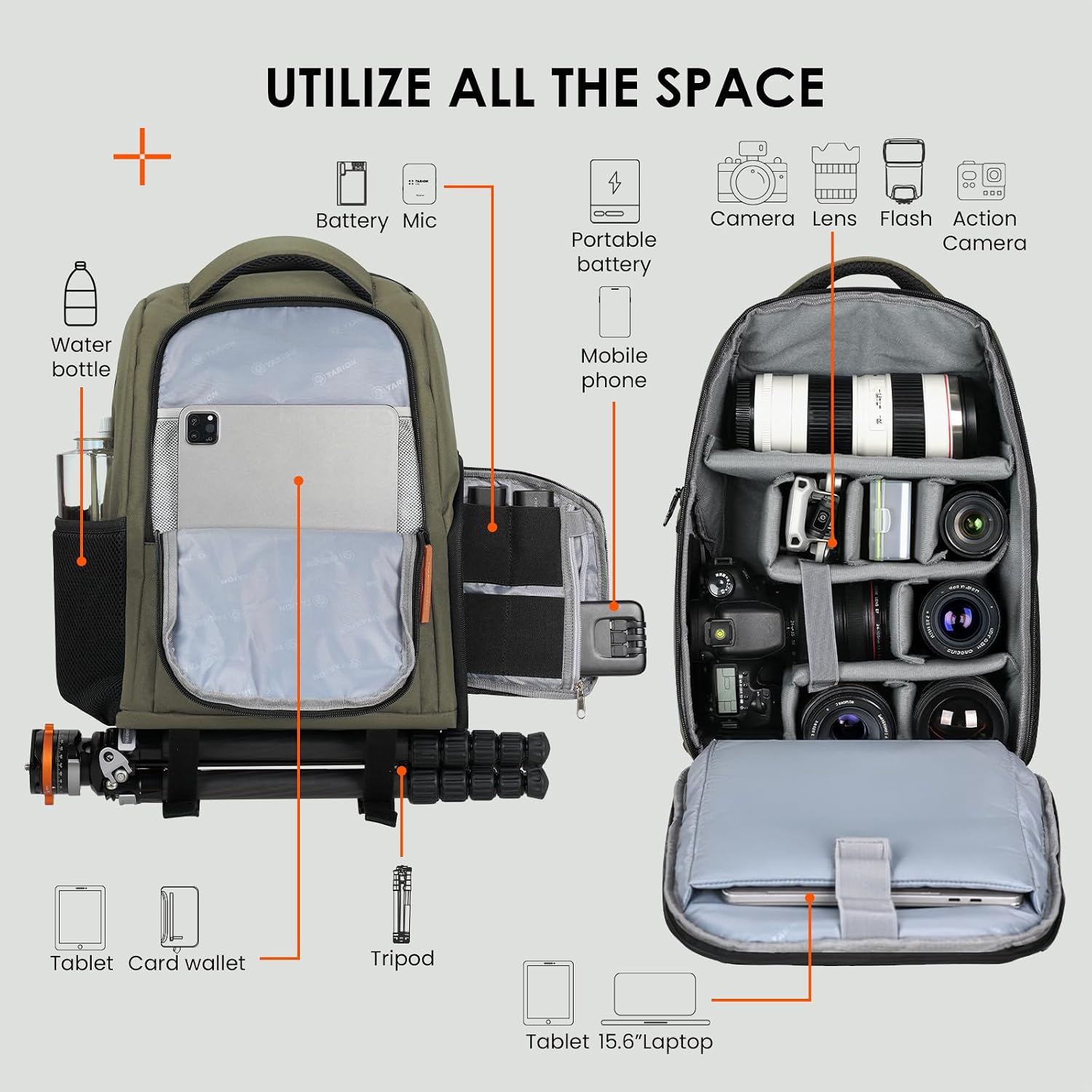 Detalle de TARION 15L Waterproof Camera Backpack – 15.6" Laptop Compartment, Side Access & Tripod Holder