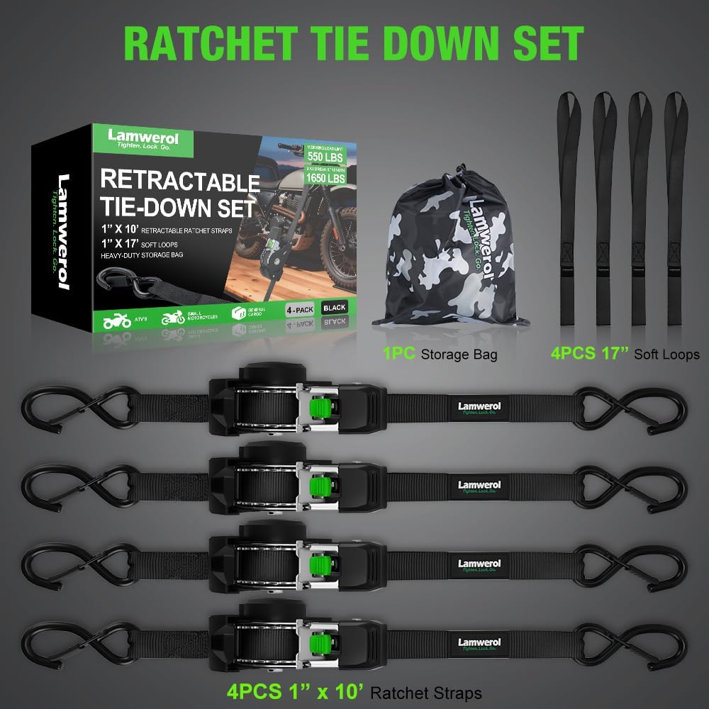Thumbnail 5 de Retractable Ratchet Straps (4-Pack) by Auto Self Retracting Tie Downs, 1 Inch x 10 Feet, 1,650 lb Break Strength — Black