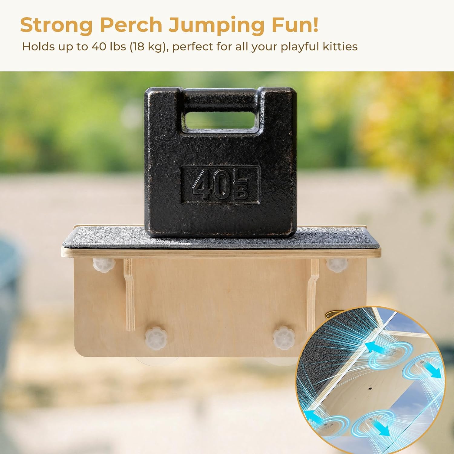 Detalle de pecute Hamac chat fenêtre en bois massif avec ventouses et griffoir mural (jusqu’à 12–15 kg)