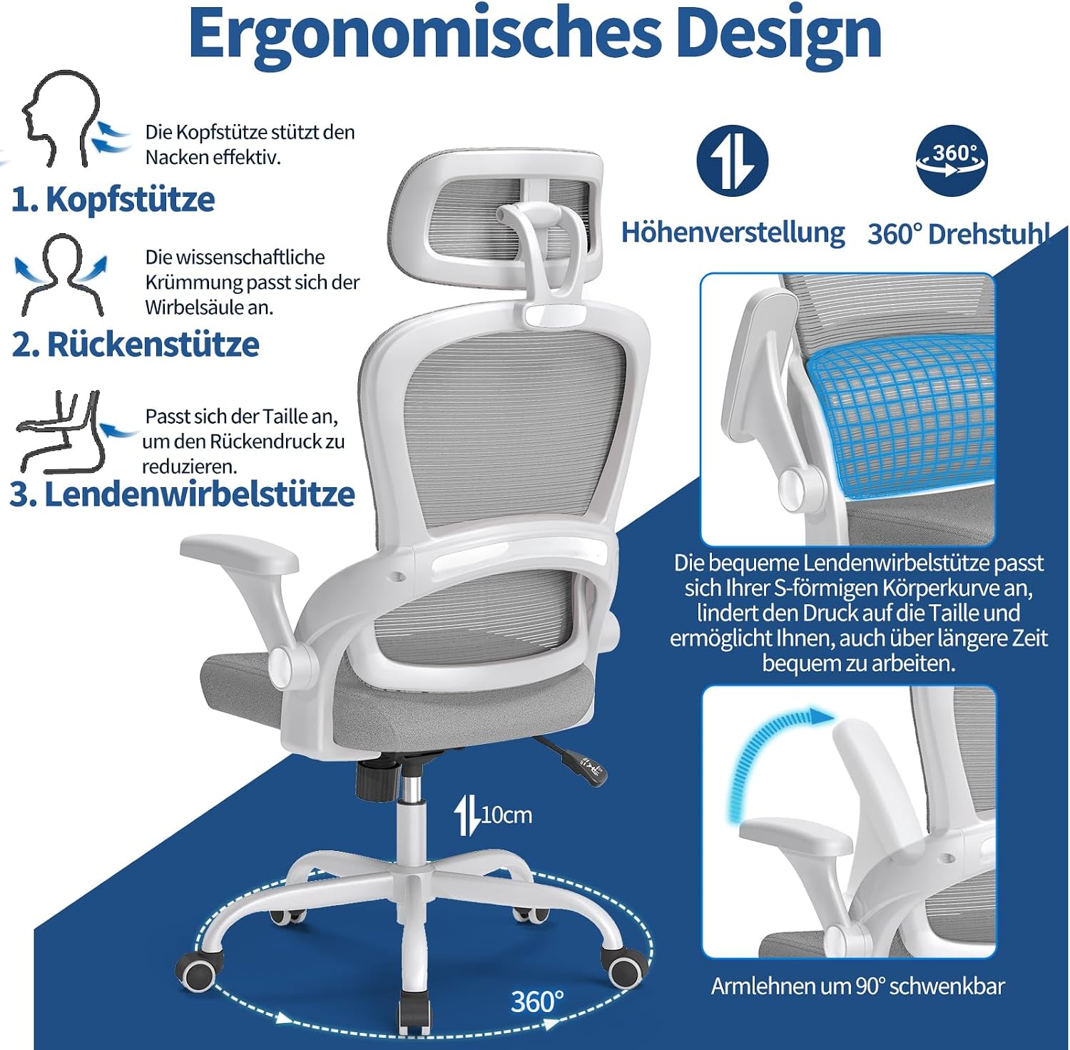 Detalle de TRALT Ergonomischer Bürostuhl – verstellbare Kopfstütze, 150 kg Tragkraft und atmungsaktives Netzdesign