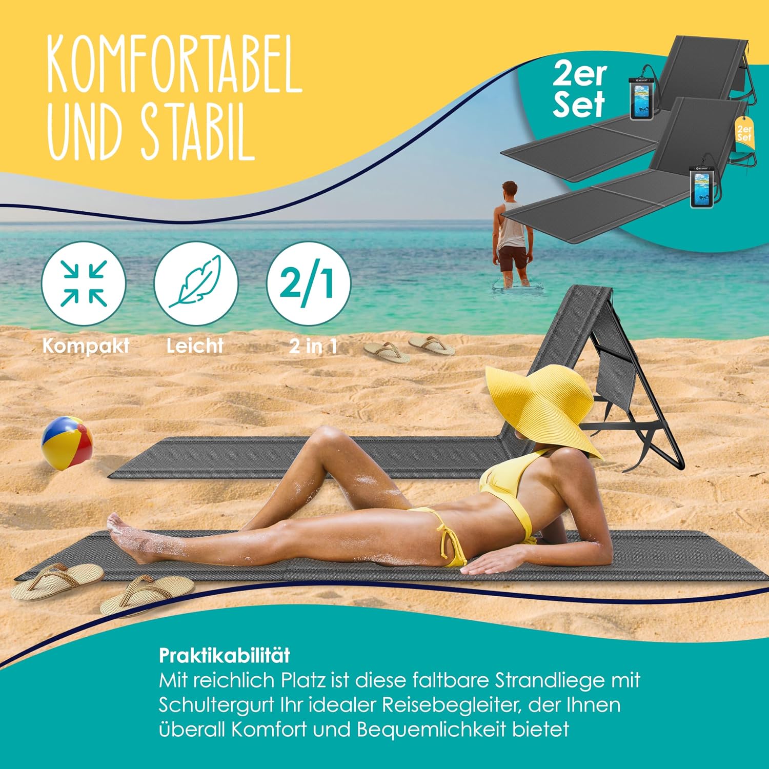 Thumbnail 2 de KESSER® 2er Set Strandmatte klappbar mit verstellbarer Rückenlehne – vielseitige Liege für Strand, Garten und Terrasse