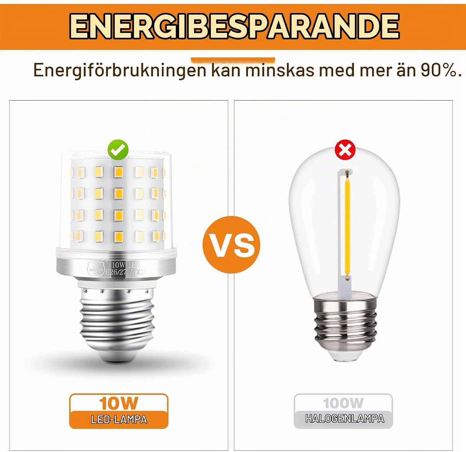 Detalle de MIAOKE E26/E27 LED-lampa, 10 W, 900 lm, varmvit 3000 K, 4-pack