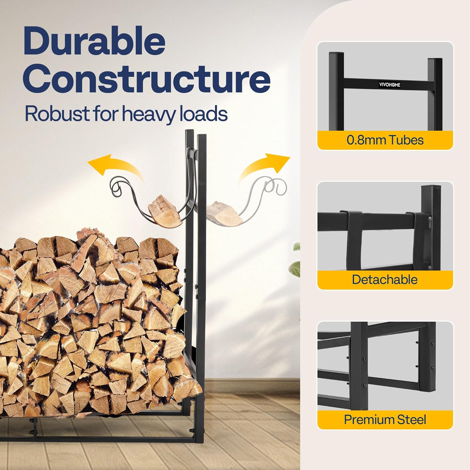 Detalle de VIVOHOME 3ft heavy duty firewood rack with kindling holder 🪵