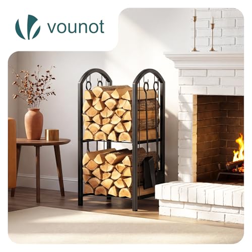 Detalle de VOUNOT Porte-Bûches de Cheminée grande capacité avec 4 outils et 2 étagères – 75×38×38 cm, Noir