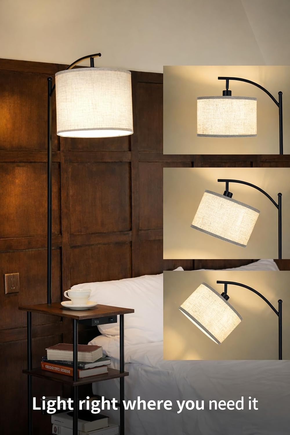 Thumbnail 1 de LuminexDesigns Lampadaire Vintage avec Étagères – Lampe sur Pied en Noyer Rétro, 3 Niveaux et Ports USB-C
