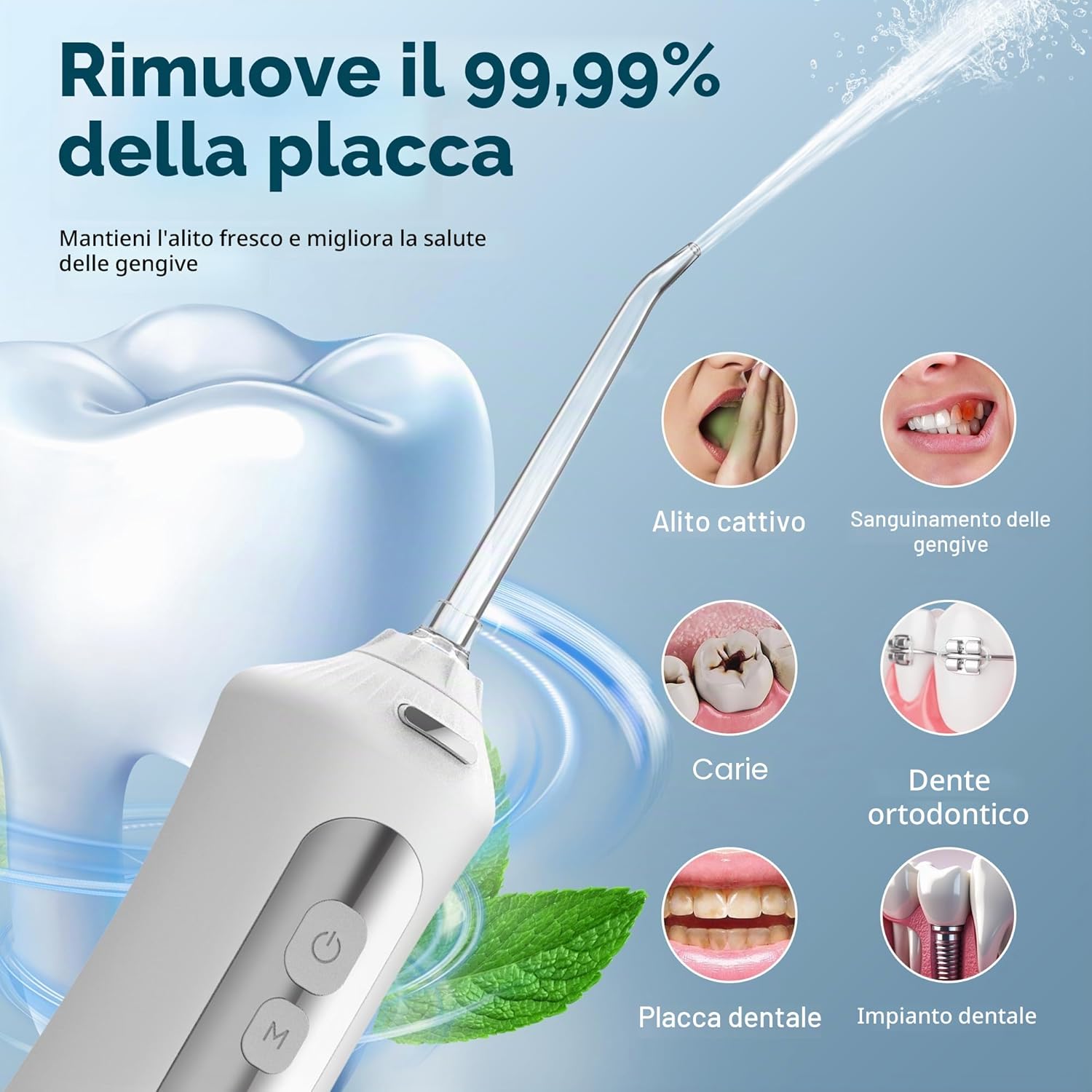 Detalle de BarberBoss Idropulsore dentale elettrico con 5 punte e serbatoio da 300 ml – QR-7024 (Bianco)