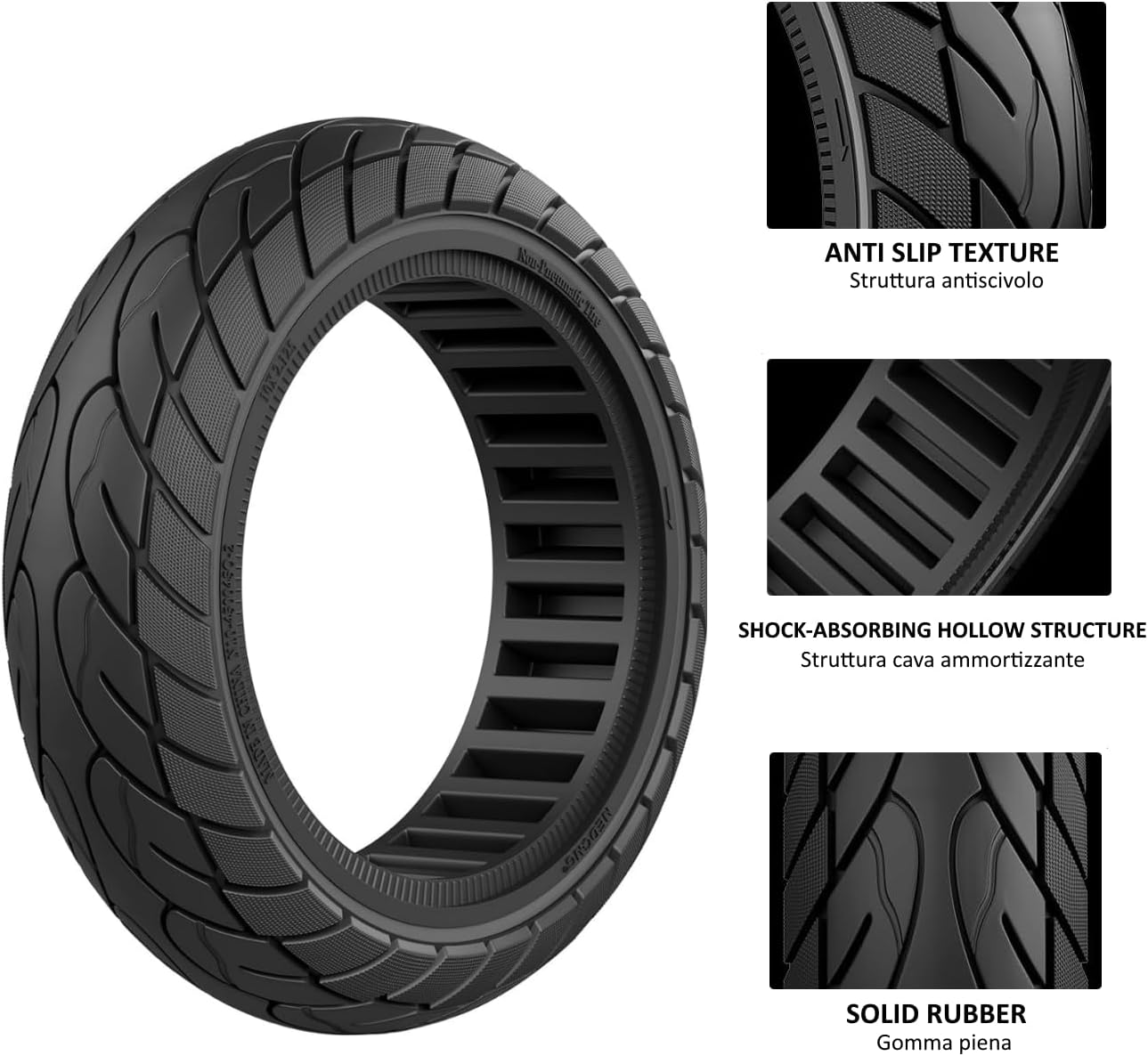 Thumbnail 3 de ECOVELO pneumatico pieno 10 x 2.125 per monopattino e scooter elettrico (ruota 10”): antiforatura nero con linea gialla