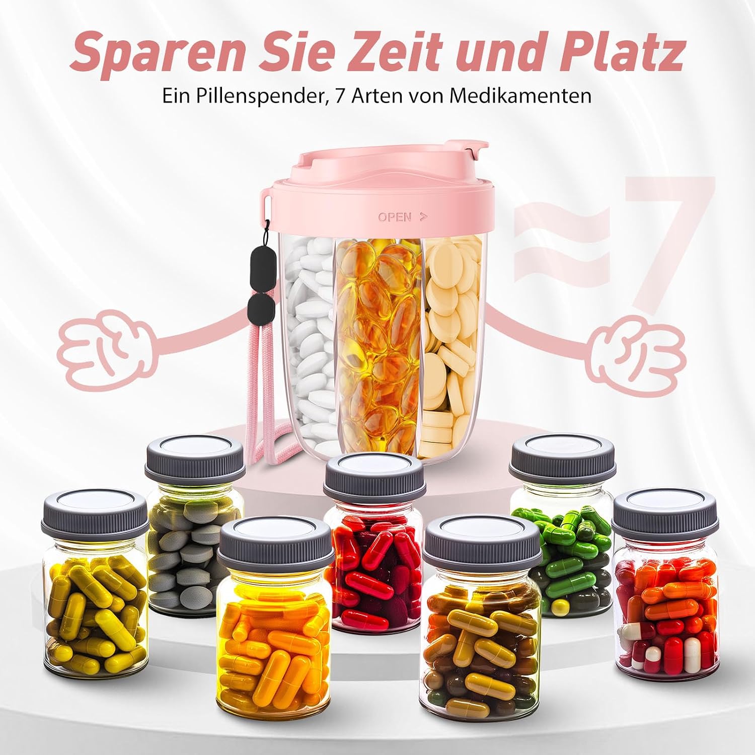 Detalle 2 de NAVIKIA Tablettenbox für 7 Tage (morgens/mittags/abends) – rund, 7 Fächer & Anti-Verwechslungs-Design in Rosa