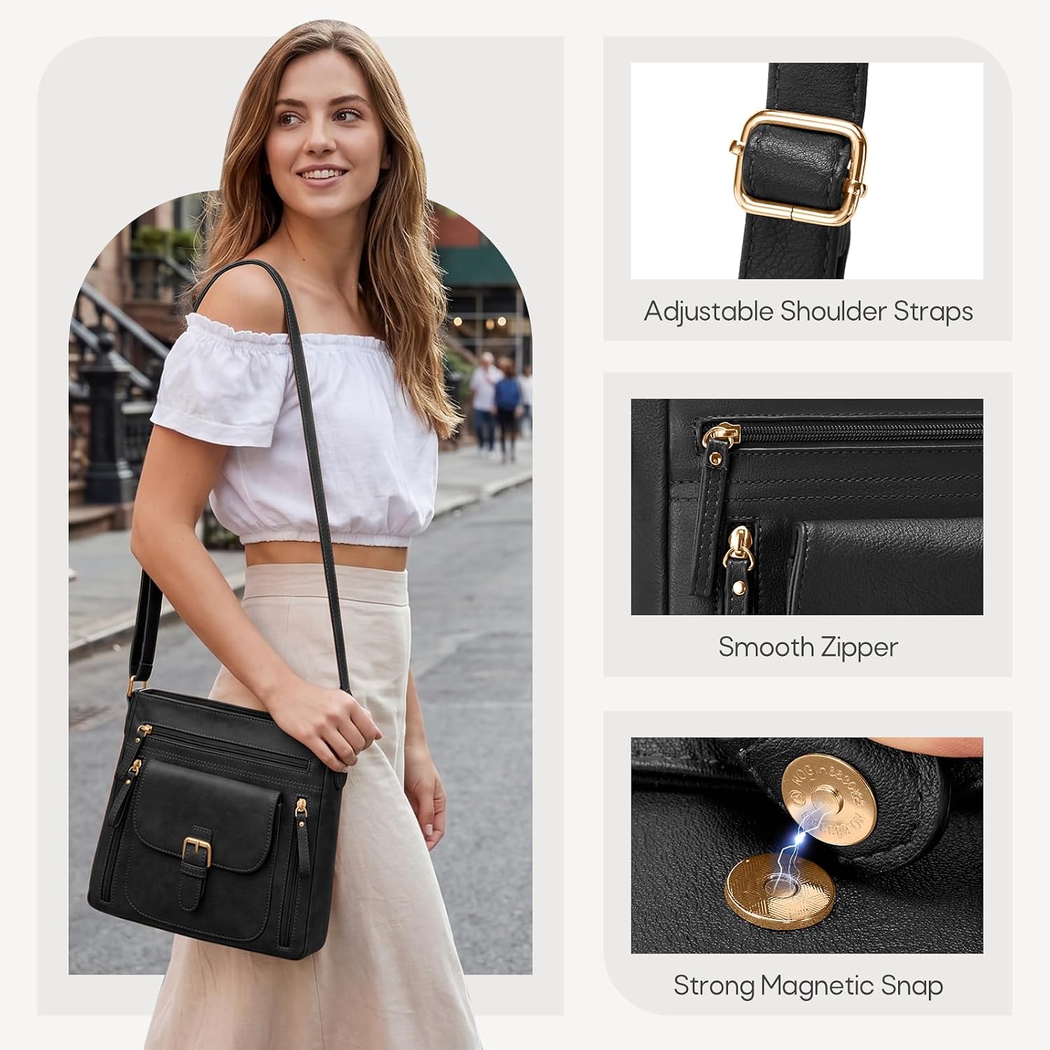Detalle de RAINSMORE Cross Body Bag Women: PU Leather, 7 Pockets, Ideal for Daily Use