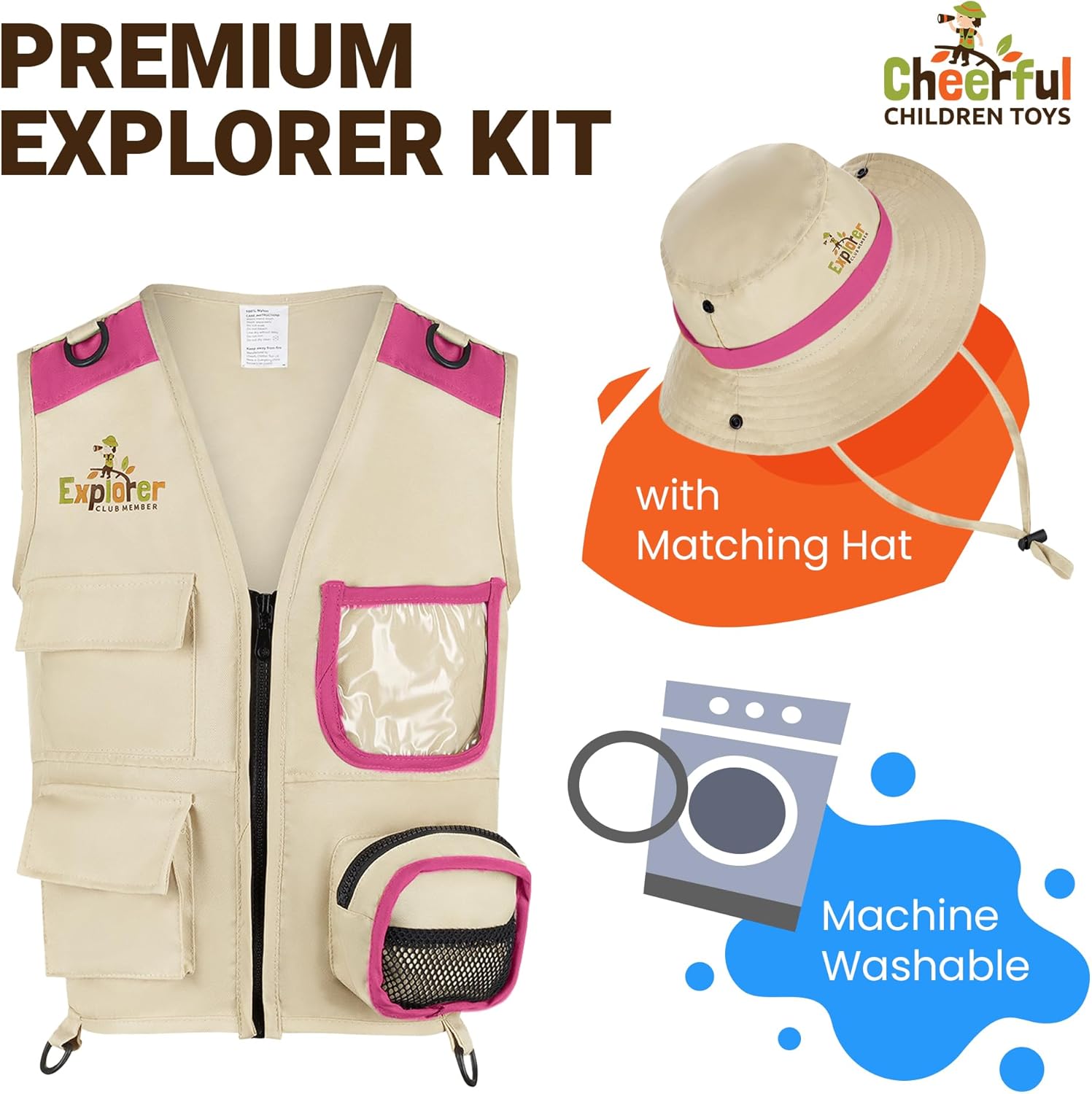 Detalle de Cheerful Children Toys Kids Explorer Costume Kit: Safari Vest, Hat, and Educational Handbooks