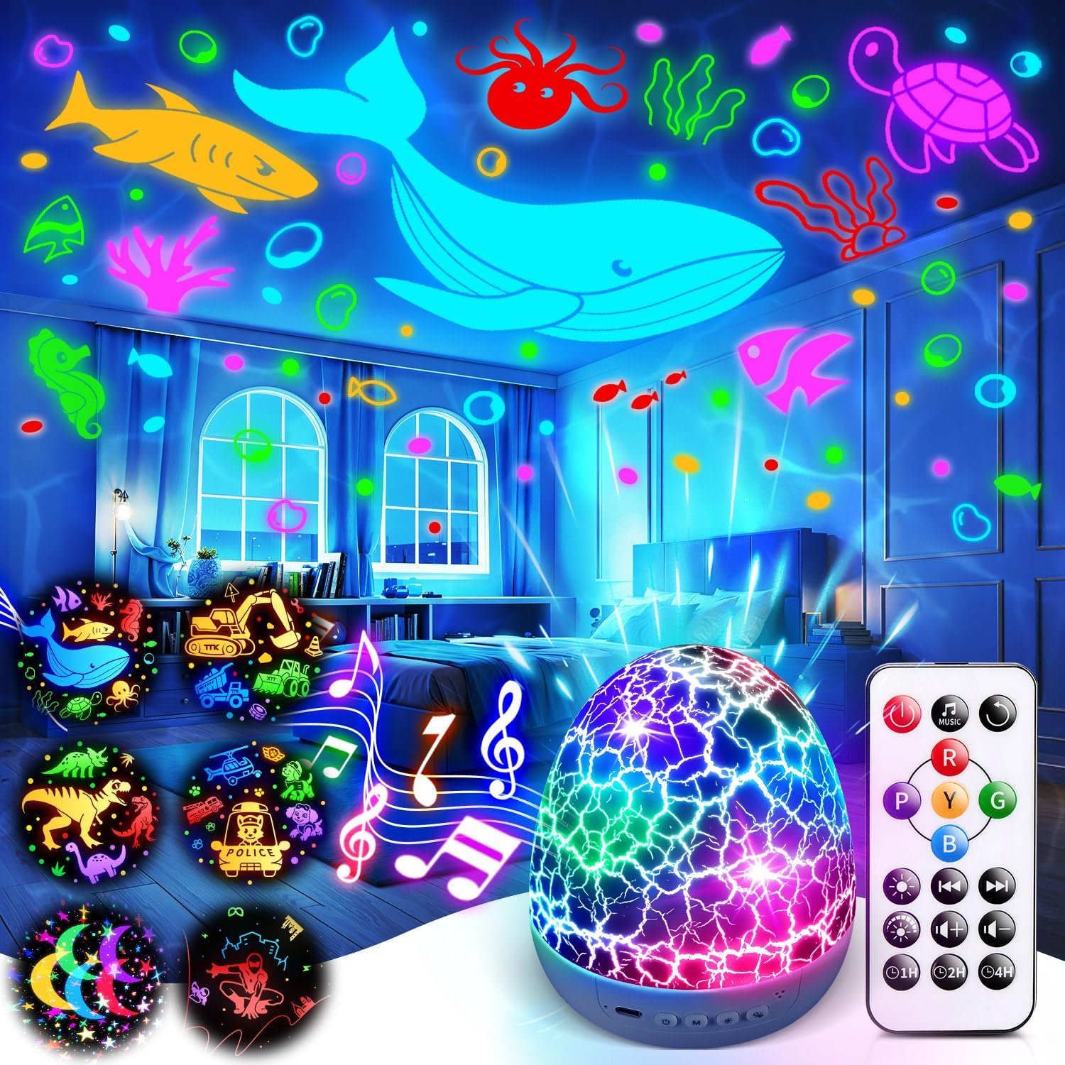 Detalle de Sensory Light Projector: 15 White Noise Sounds, 6 Films and Dinosaur Egg Night Light