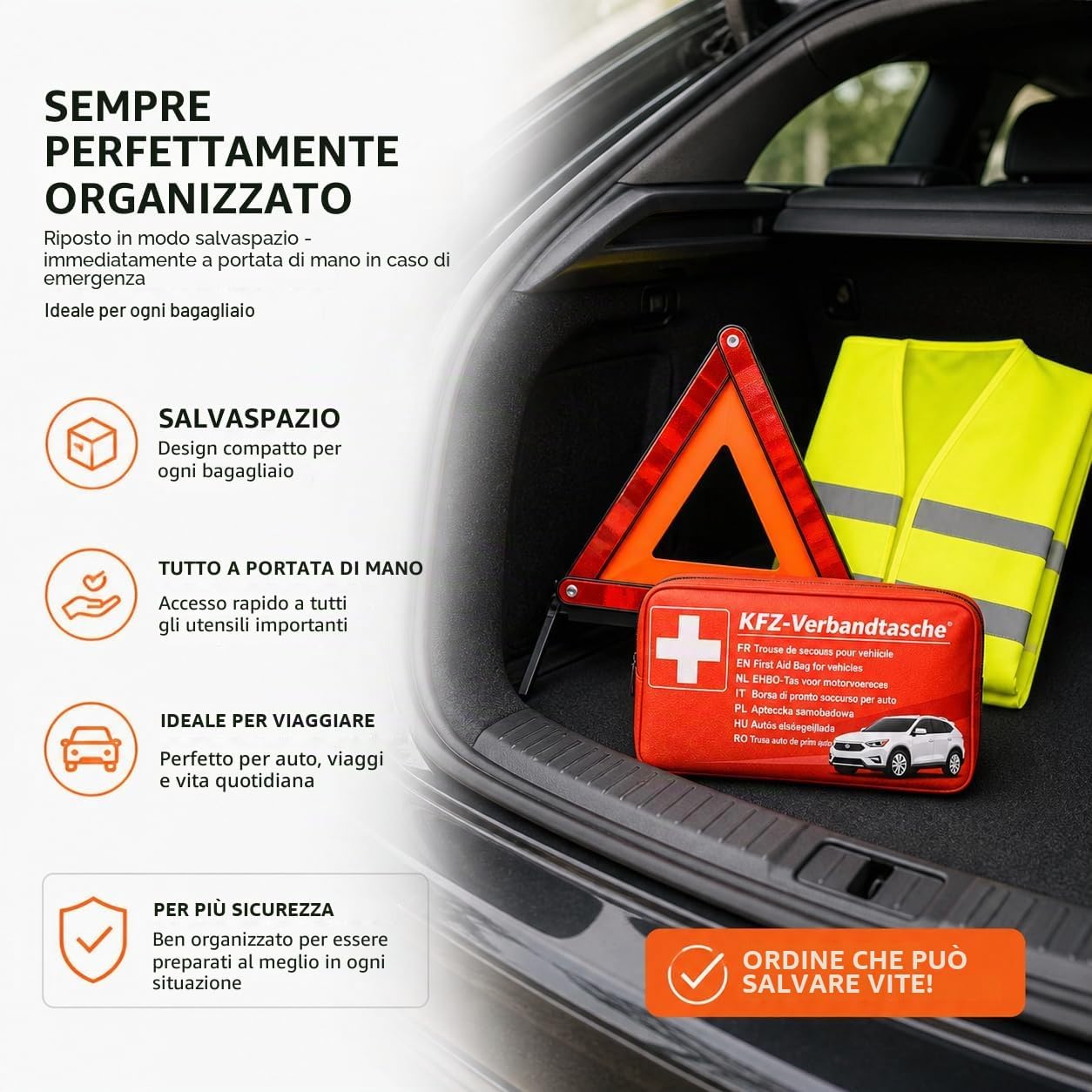 Thumbnail 3 de Kit di Emergenza Auto: kit completo con pronto soccorso, gilet alta visibilità e triangolo di segnalazione