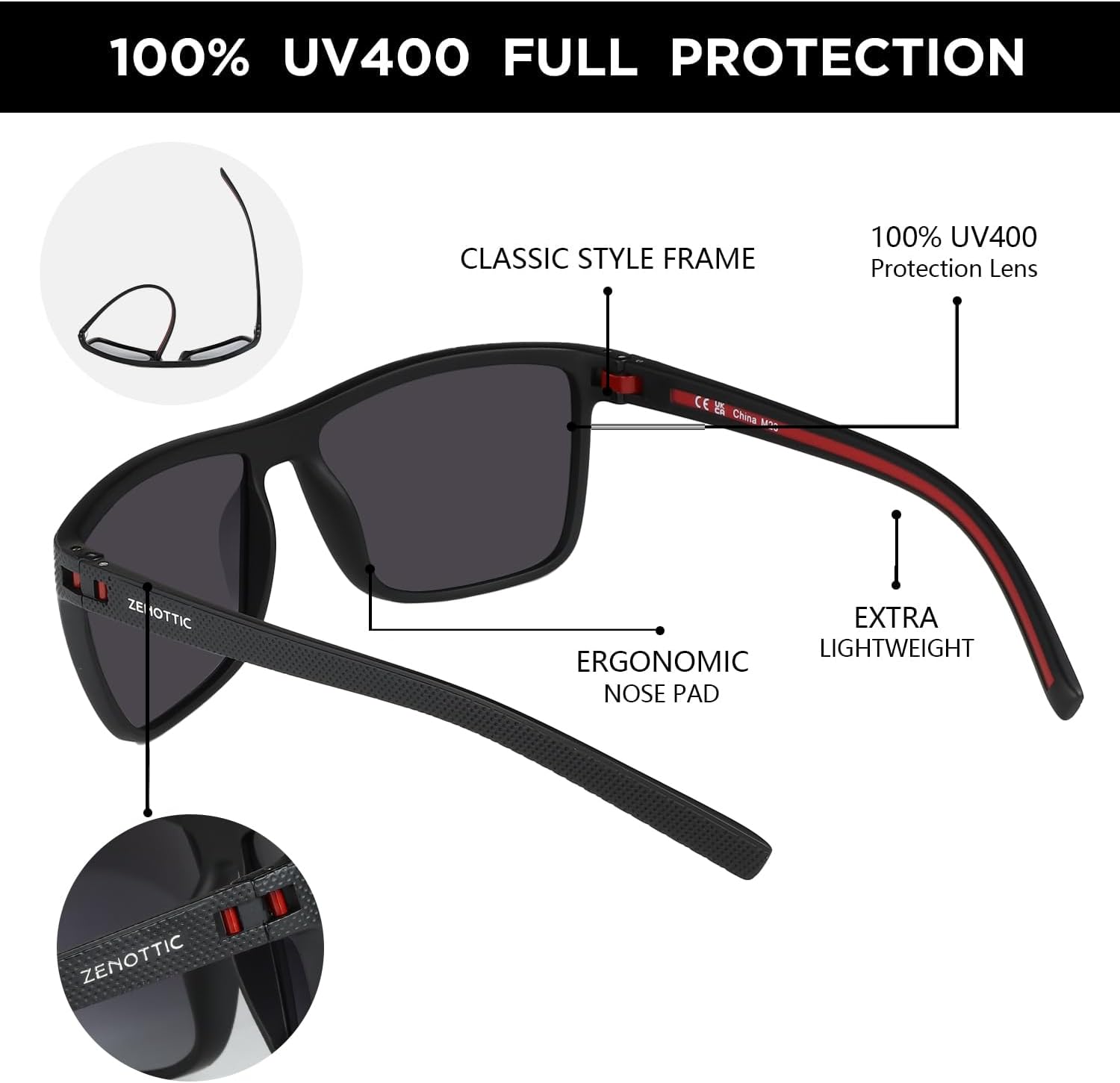 Thumbnail 3 de ZENOTTIC occhiali da sole polarizzati uomo in TR90 con protezione UV400, montatura leggera quadrata
