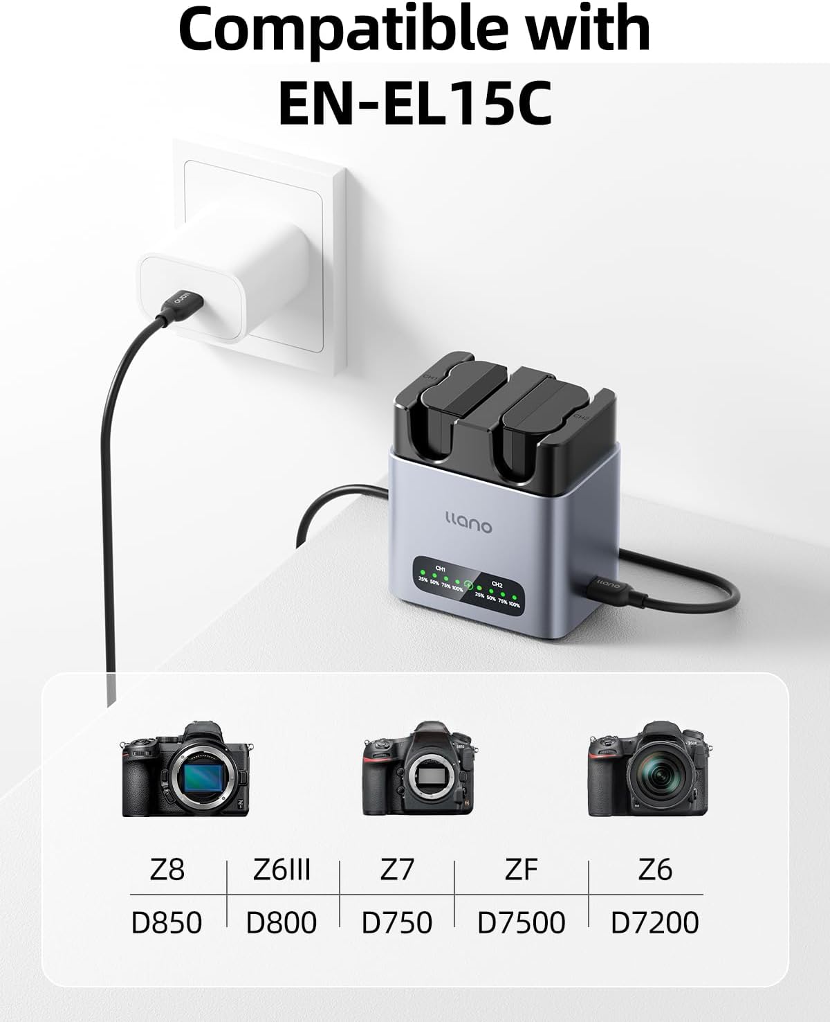 Thumbnail 3 de llano 2-Pack EN-EL15C Batteries and 20W Fast Charger (with LED display) for Nikon Z series