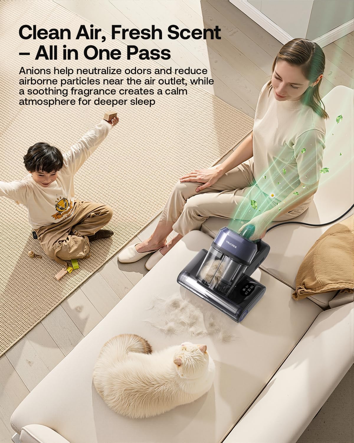 Detalle de Mattress Vacuum Cleaner with 275nm UV-C Light & 149℉ Heat — 16Kpa Suction for Pet Hair, Smart Dust Sensor, and Aromatherapy
