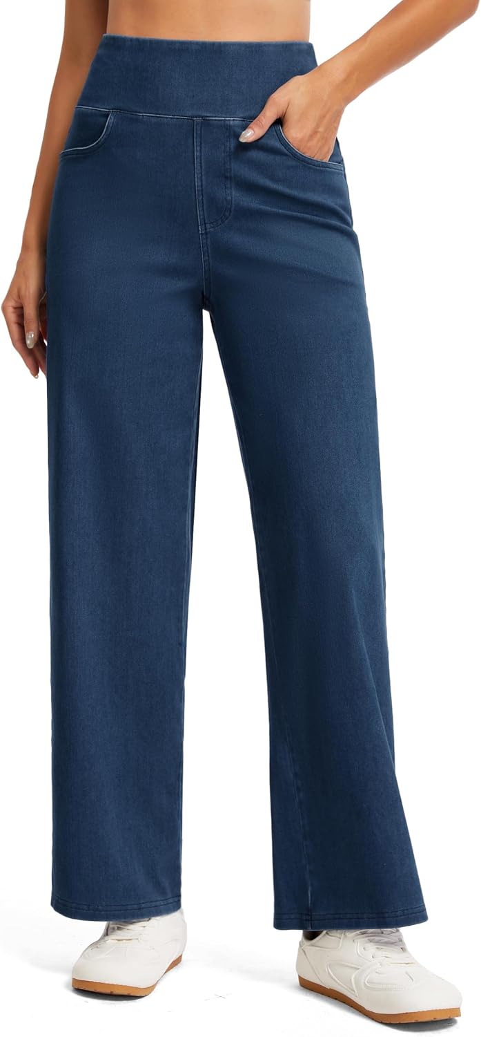 Detalle de THE GYM PEOPLE High Waist Wide Leg Jeans for Women, Stretch Fit and Pockets