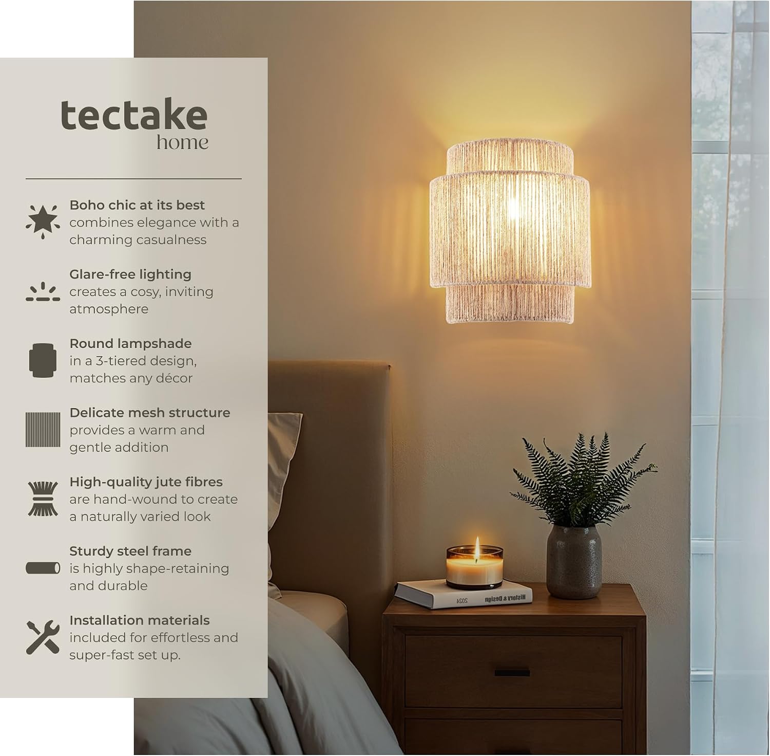 Detalle de tectake Lignea Lux 406074 vägglampa i jute, E14-sockel, upp till 40 W