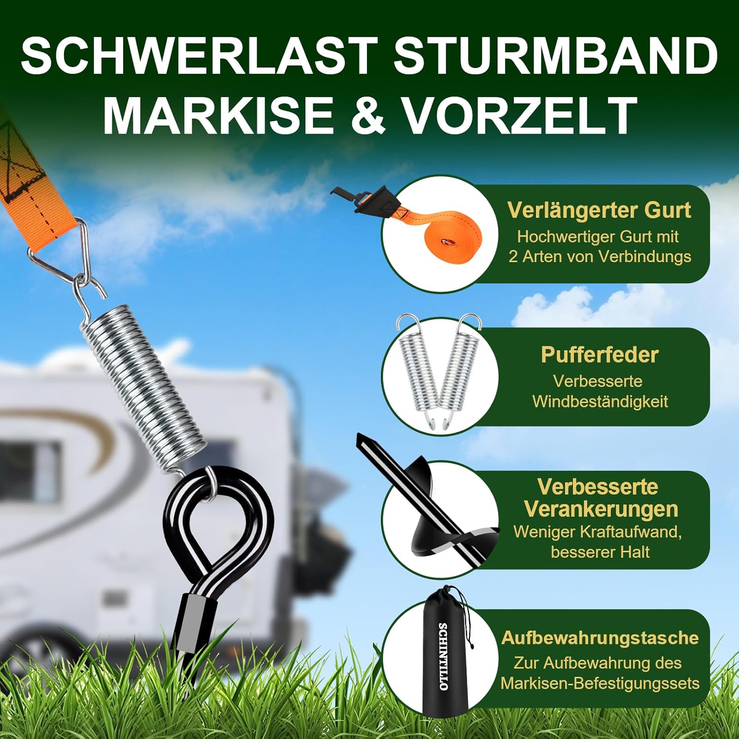 Thumbnail 3 de SCHINTILLO Sturmband Markise Vorzelt Set für Thule & Fiamma – Stabilisierungs-Kit mit 39 cm Bodenankern