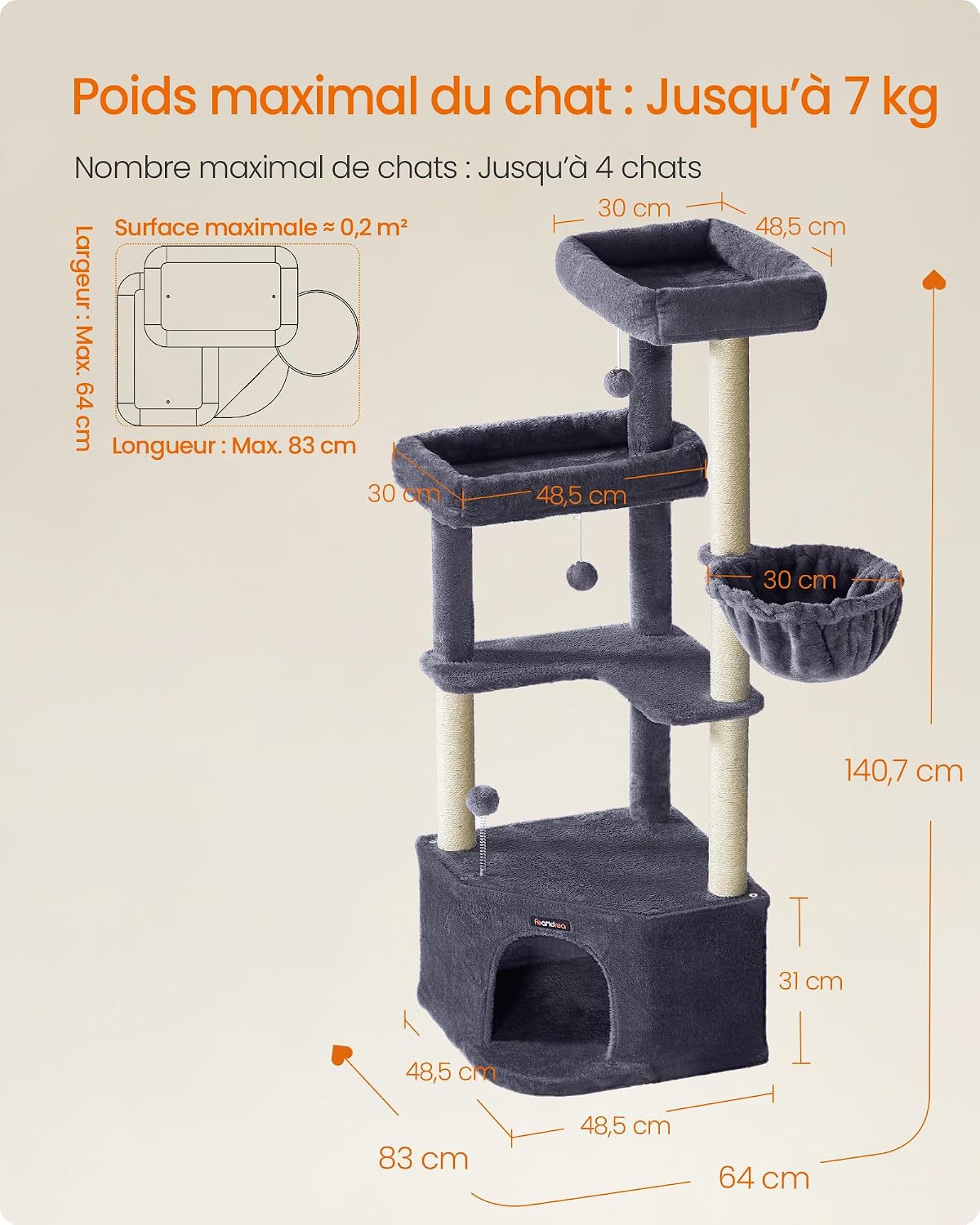 Detalle de Feandrea Arbre à Chat PCT009G02 – Tour de Jeux 140,7 cm pour grands chats et foyers multi-chat