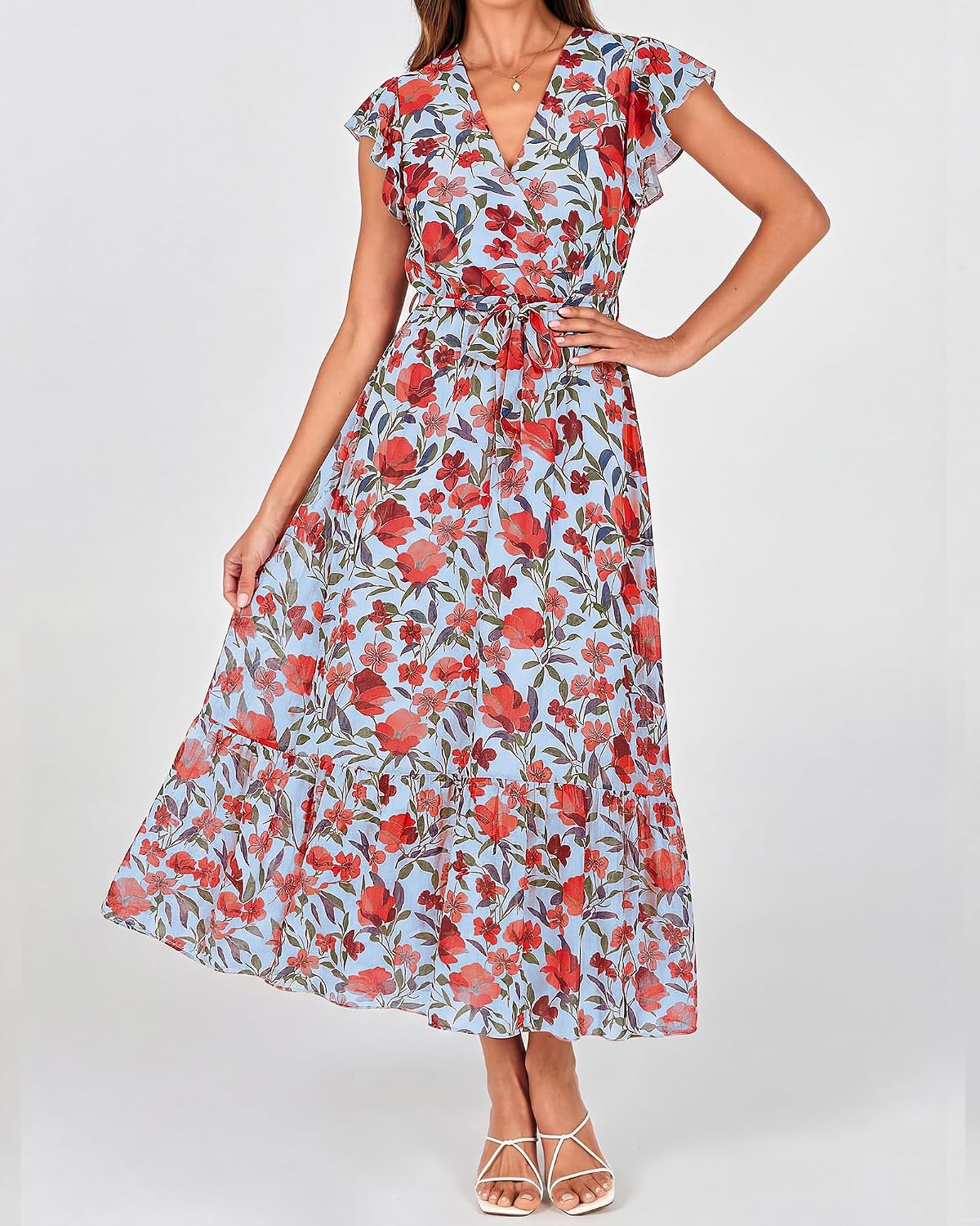 Thumbnail 1 de BTFBM Women Summer Bohemian Floral Wrap Midi Dress with V-Neck, Ruffle Cap Sleeves, and Belt – White