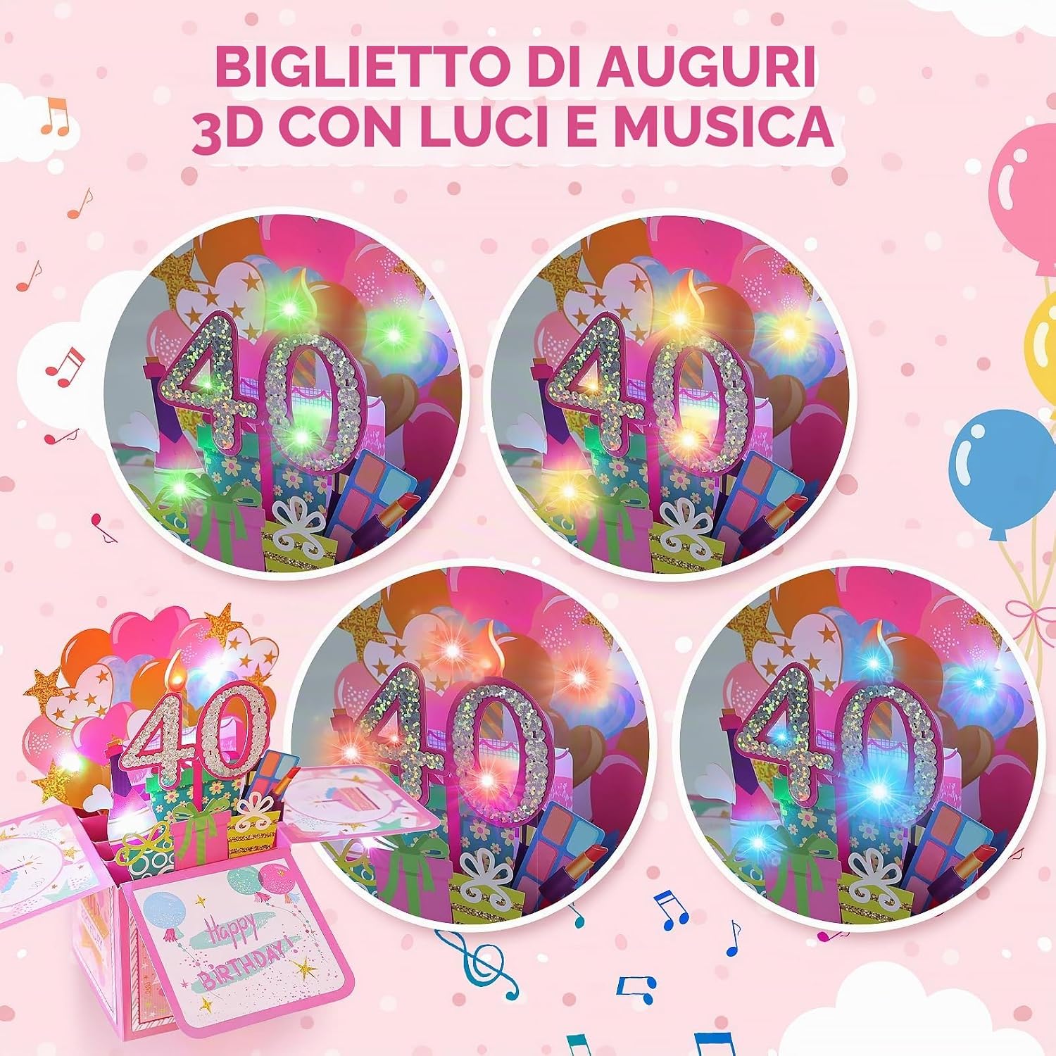 Detalle de Joyoldelf Biglietto Auguri Compleanno 40 Anni – Donna, 3D Musicale e Luce con design pop-up