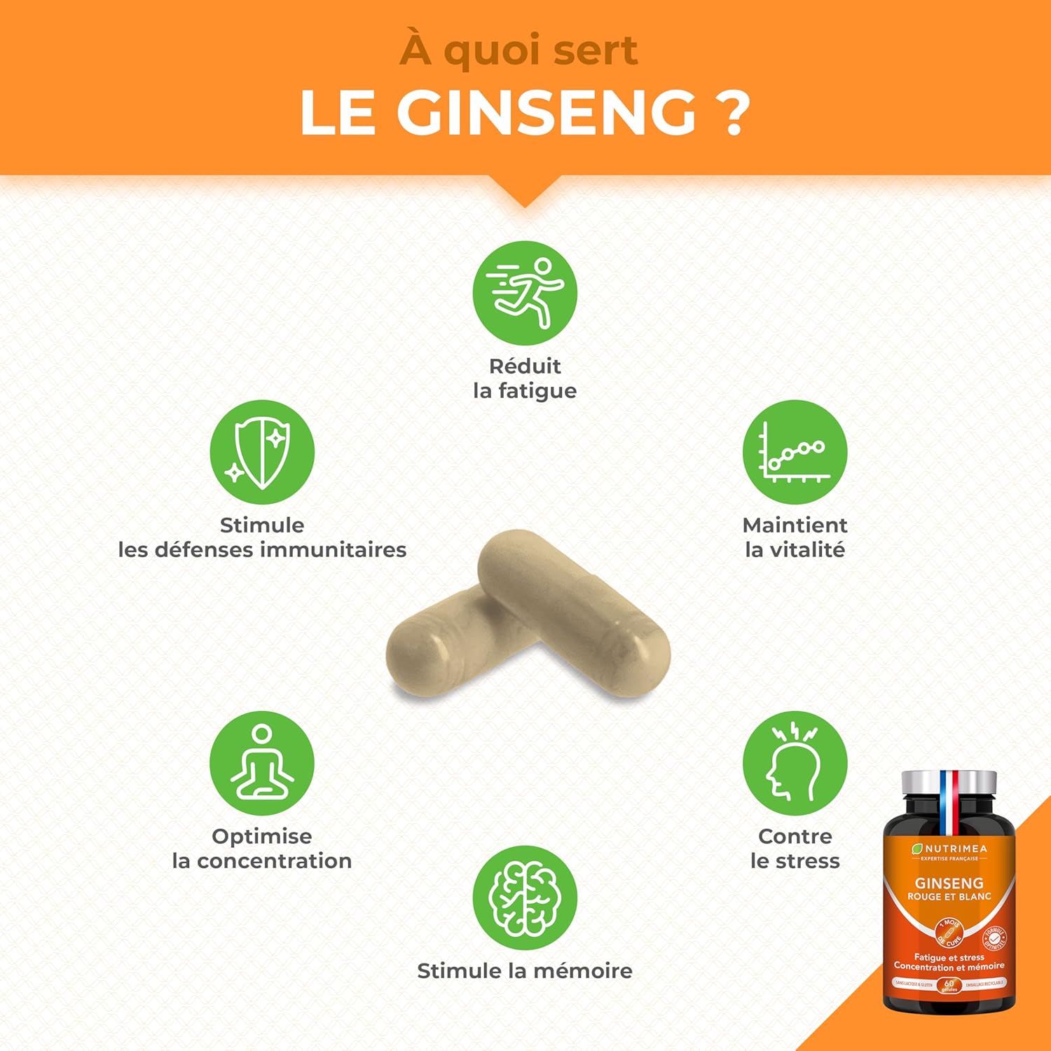 Thumbnail 1 de Complément au ginseng Rouge & Blanc BIO 2200 mg – Extrait 5:1 titré à 15% en ginsénosides (60 gélules vegan) Nutrimea