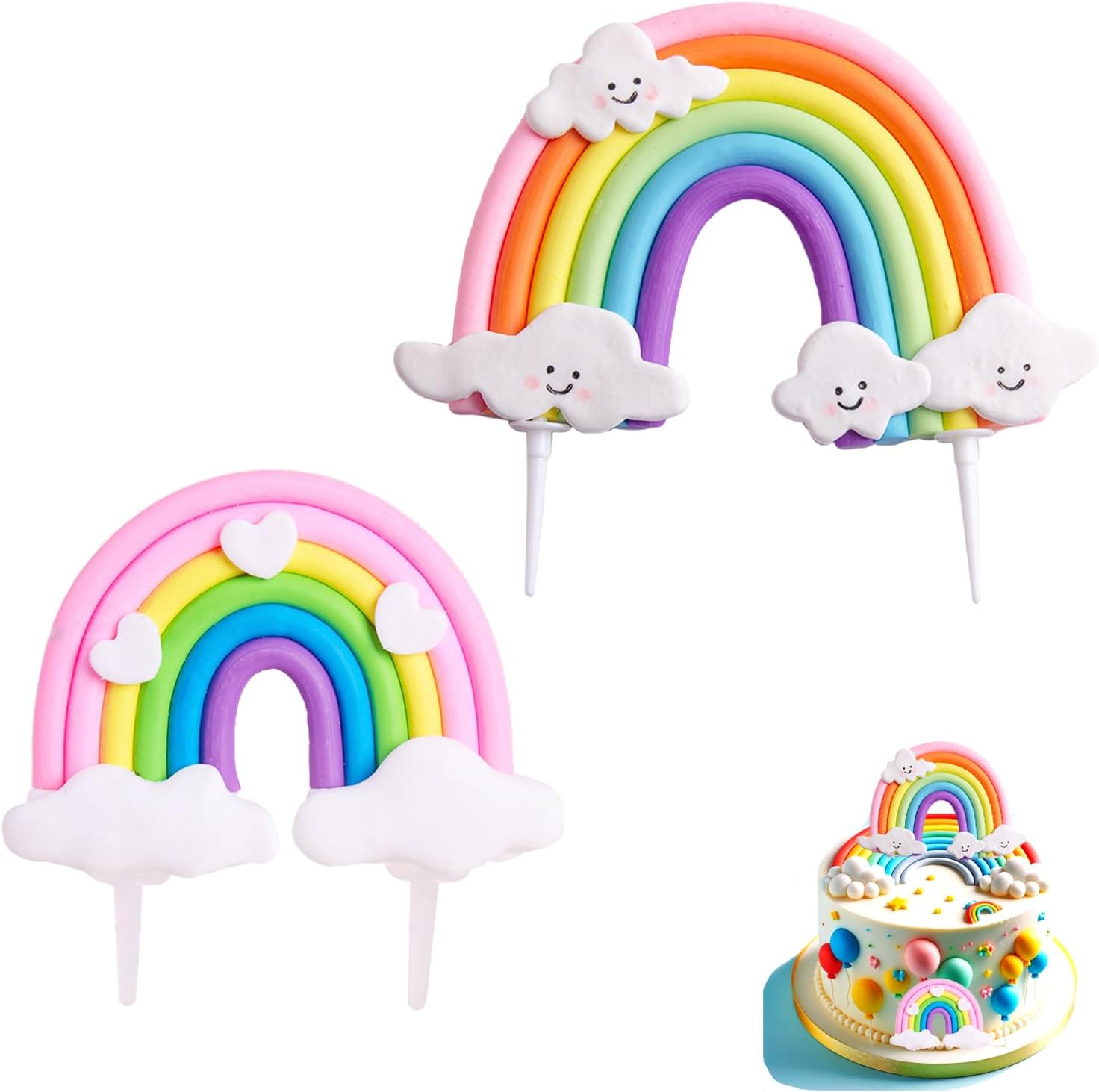 Regenbogen Tortendeko Kindergeburtstag – 2er Set Weicher Keramik Kuchen Topper