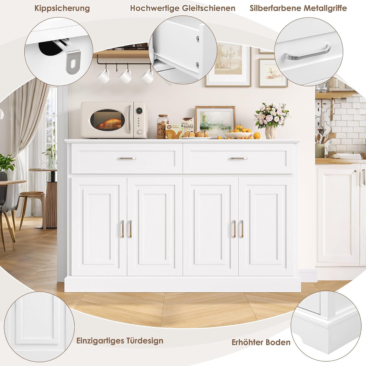 Detalle 2 de FirFurd P032 140cm White Sideboard with Adjustable Shelves and Two Drawers