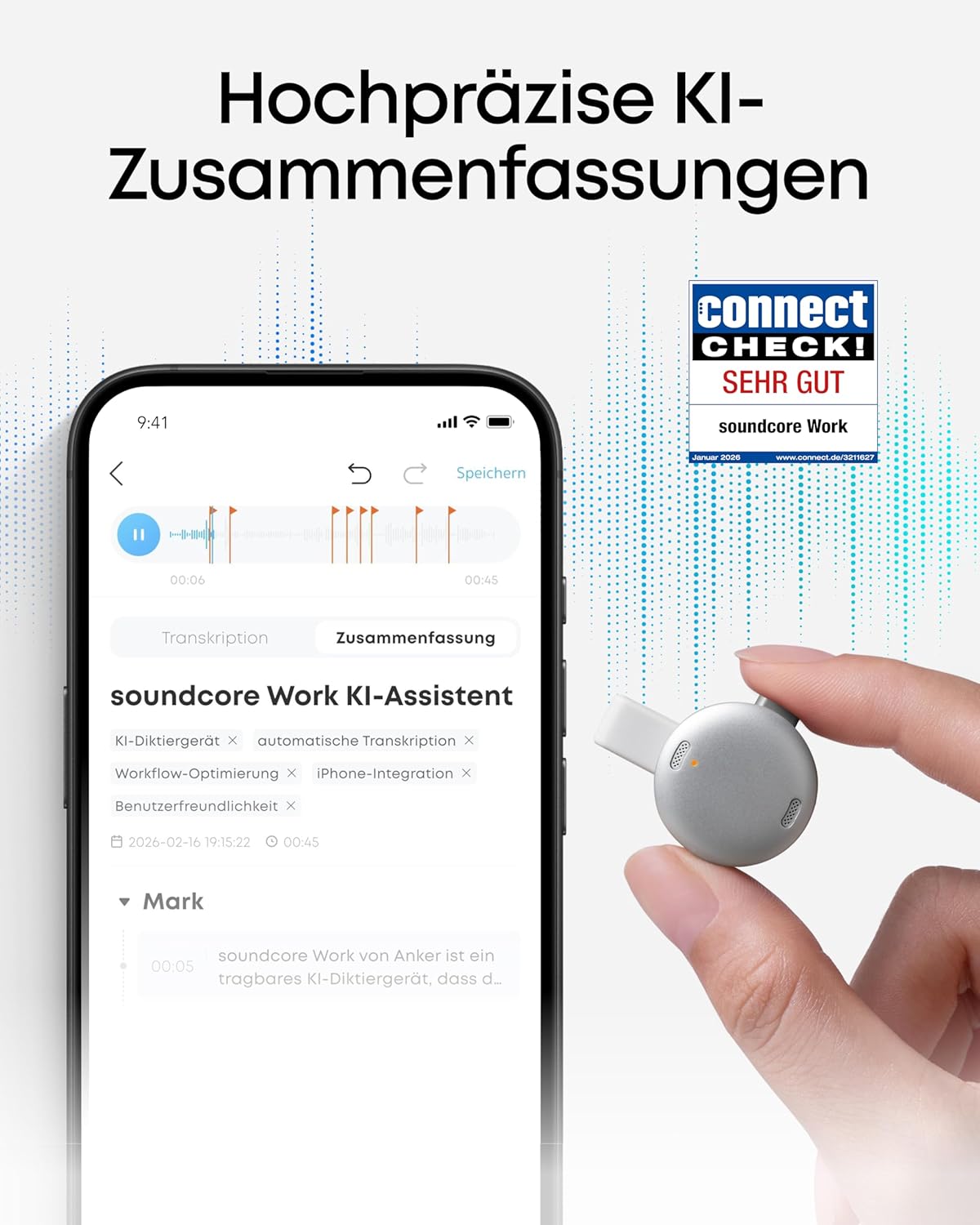Detalle 2 de soundcore Work by Anker KI Voice Recorder – digitales Diktiergerät mit KI-Transkription und Spracherkennung, 8GB (MFi)
