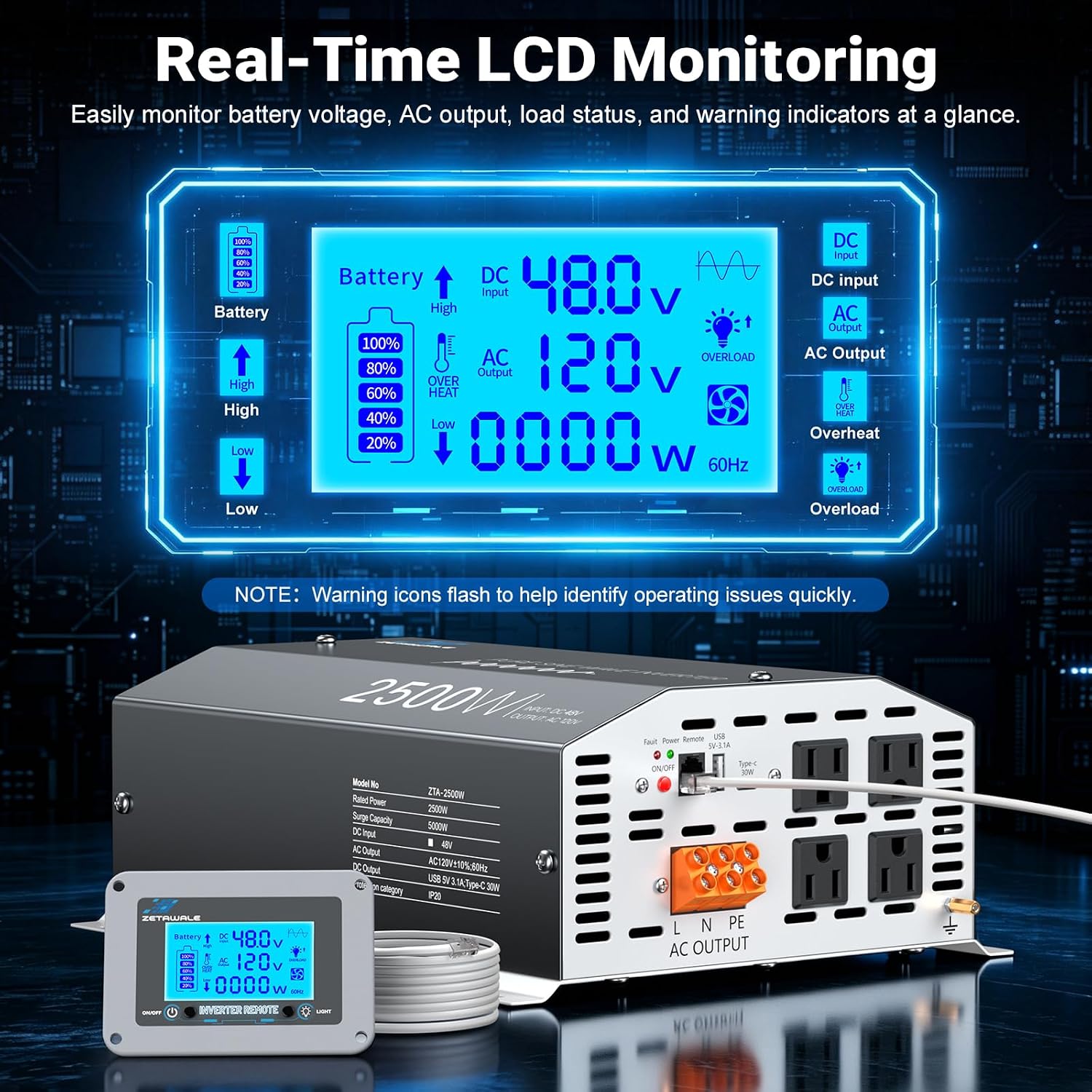 Detalle de ZETAWALE ZT-GXTK48V40 48V 2500W Pure Sine Wave Inverter with LCD Remote