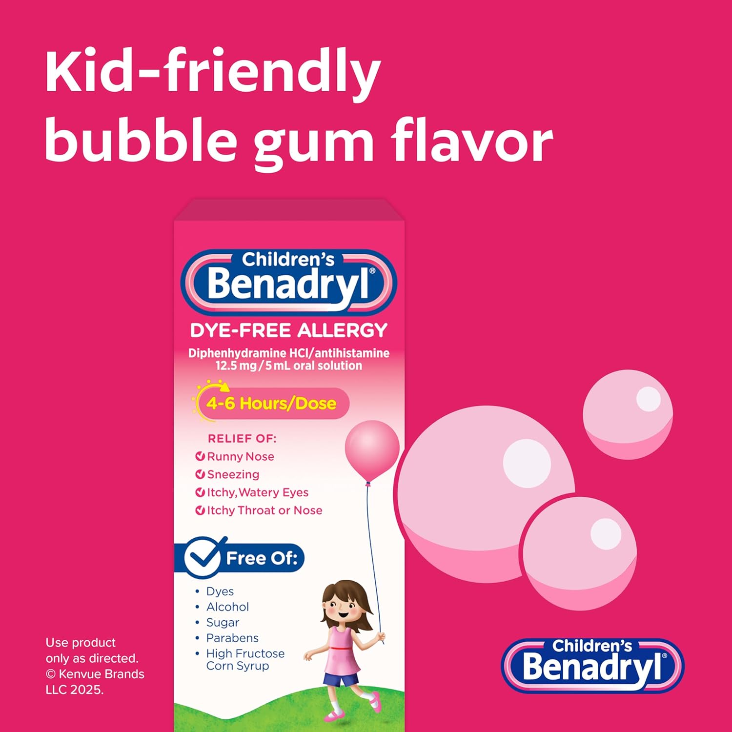Detalle de Children's Benadryl Liquid Medicine (4 fl oz) – Dye-Free Allergy Relief for Kids