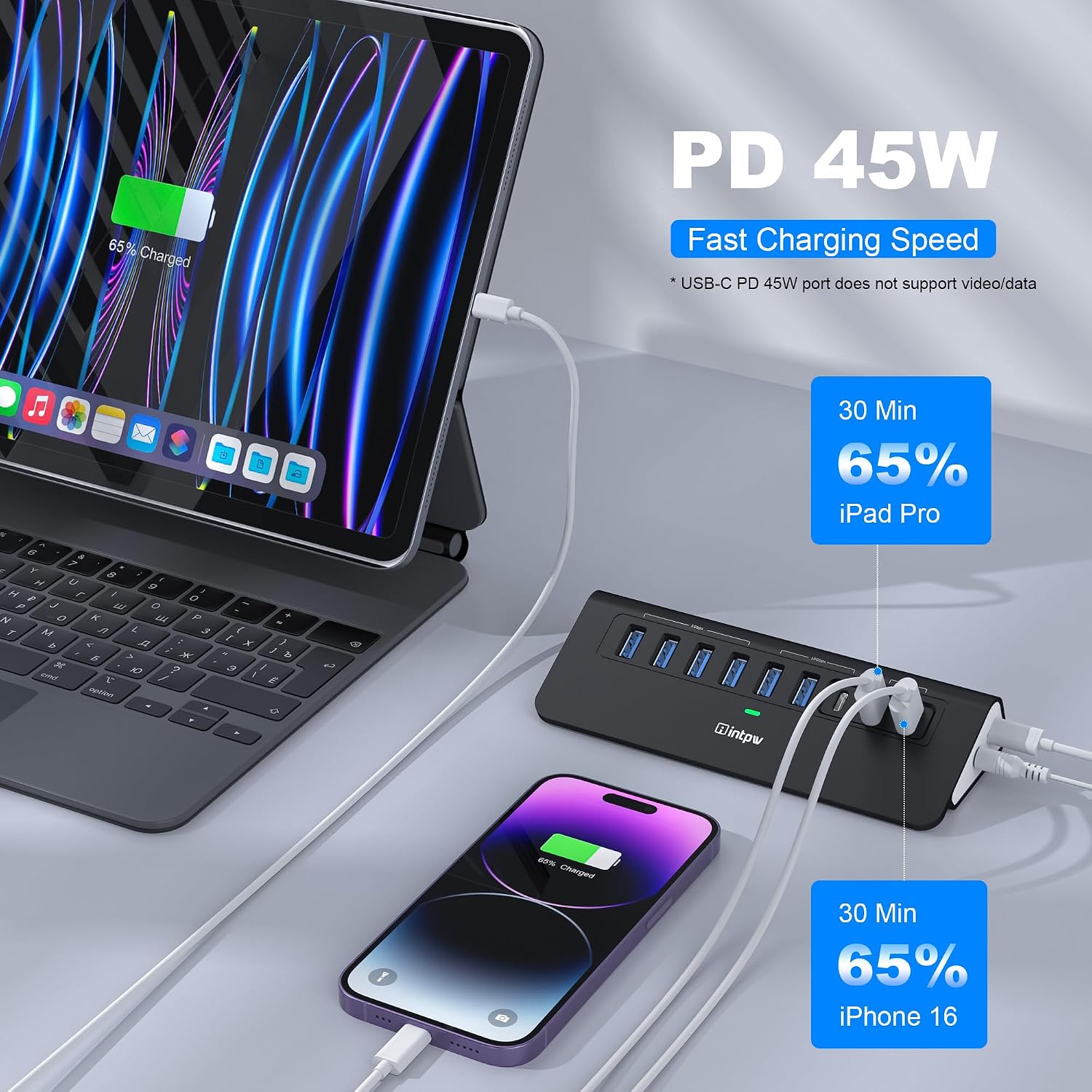 Detalle 1 de intpw 9-Port Powered USB Hub with 10Gbps USB 3.2 and 45W PD