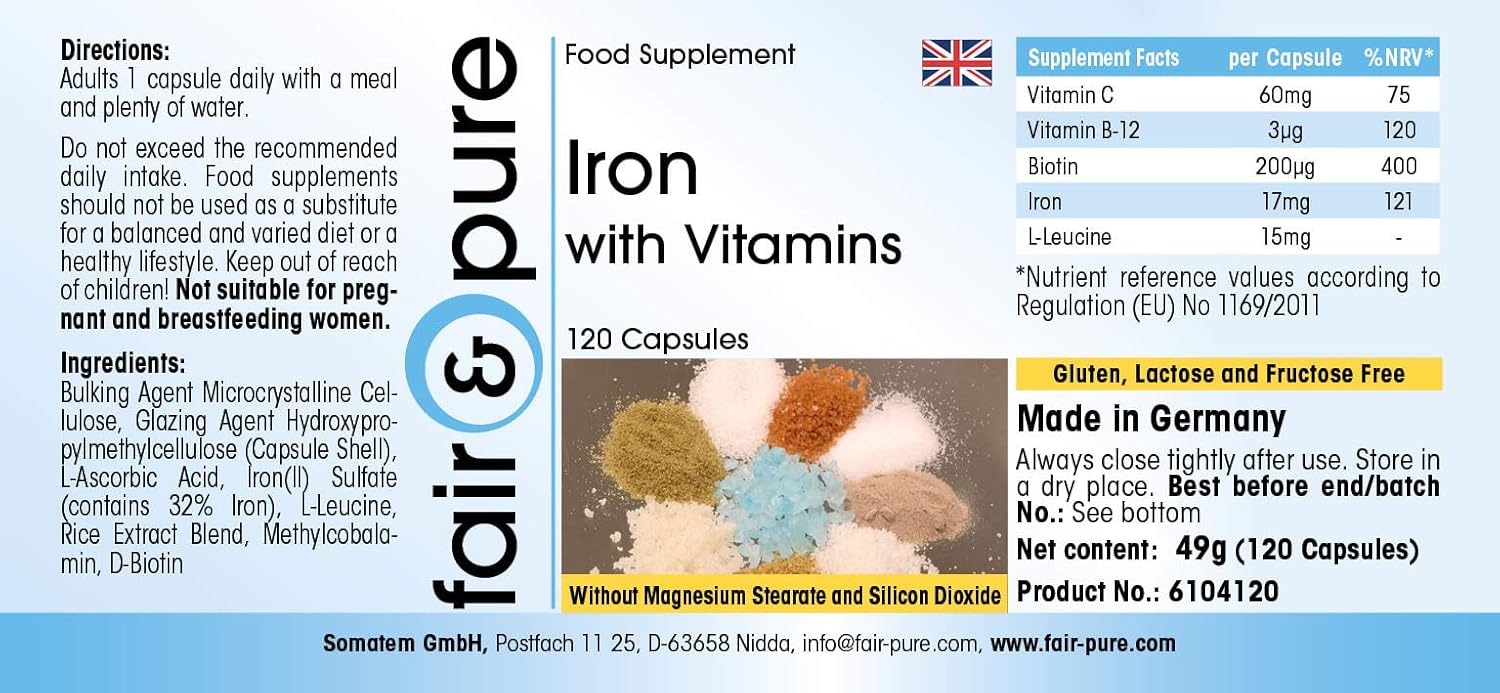 Detalle de Fair & Pure Eisen mit Vitaminen, 120 Kapseln – schluckfreundlich, vegan, hergestellt in Deutschland