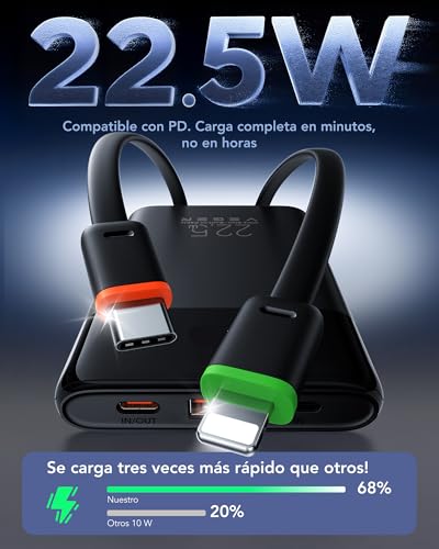 Detalle de VEGER Power Bank con cables integrados (10000mAh) | Carga rápida 22,5W