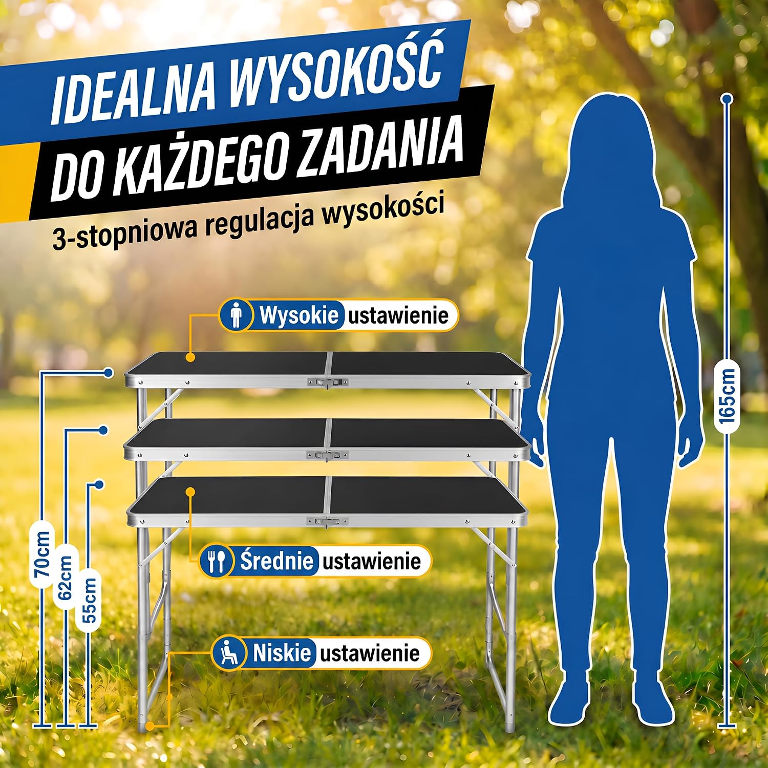 Detalle de GOODS+GADGETS 3541824 – składany stół aluminiowy 120 × 60 cm, 3 wysokości