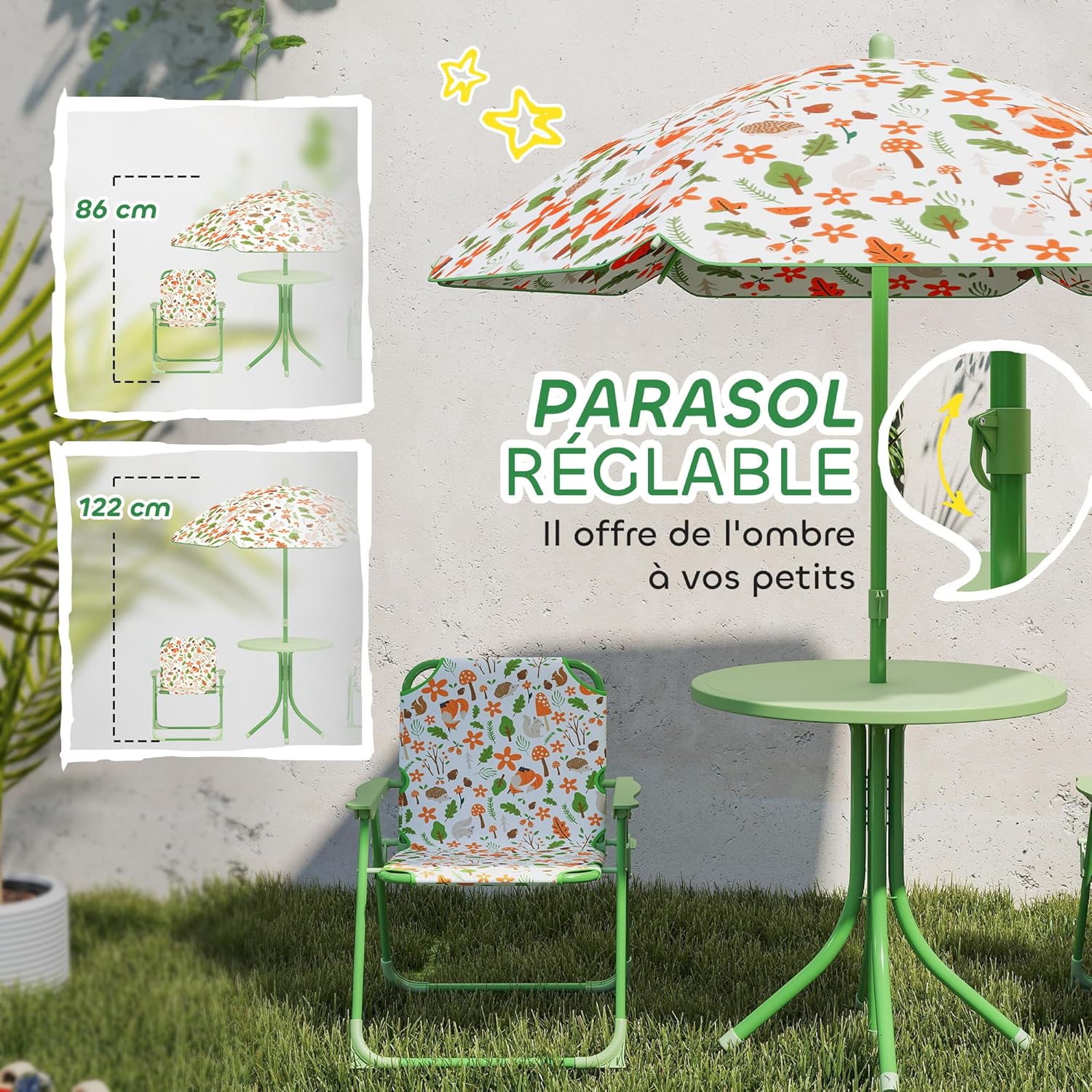 Detalle 2 de AIYAPLAY Ensemble salon de jardin enfant 4 pièces (table, 2 chaises pliantes et parasol) motif éléphant et girafe