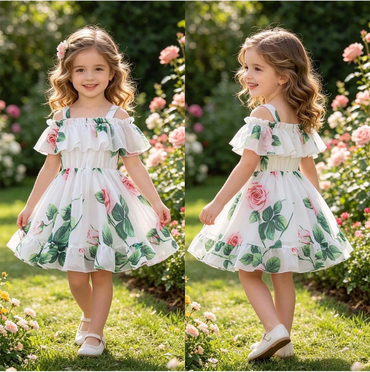 Thumbnail 6 de JiAmy Toddler Girls Summer Dress – Floral Off-Shoulder Chiffon Ruffle Hem (1–6 Years)