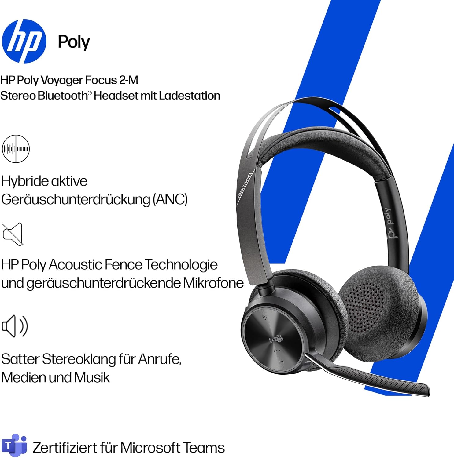 Thumbnail 2 de Poly Voyager Focus 2 USB-C Headset für Microsoft Teams mit ANC, Bluetooth & Ladestation (bis zu 25 Stunden Sprechzeit) – Schwarz